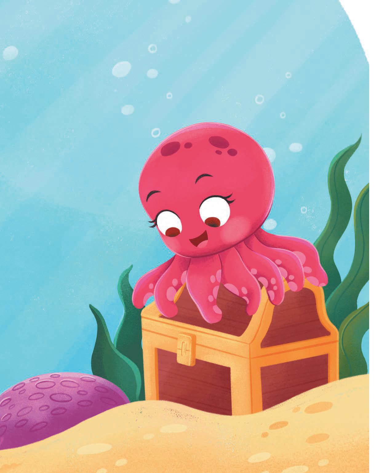 A cartoon illustration of a pink seven-tentacled octopus with its arms covering the lid of a brown and gold treasure chest. A bright blue ocean is over her head, yellow sand under the chest, and there is sea weed and a purple sea anenome.