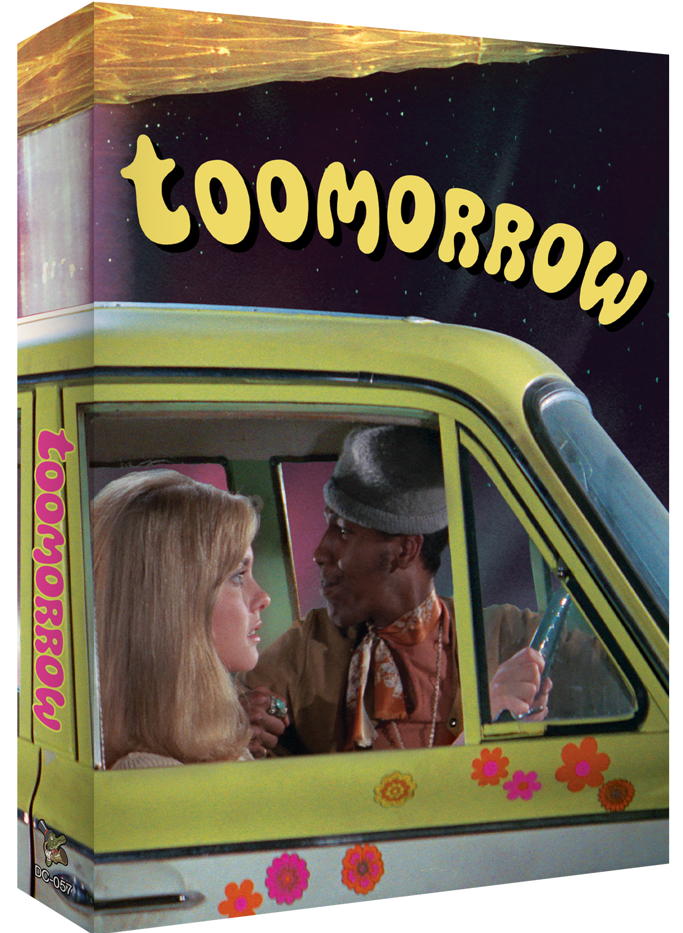 The “Toomorrow” slipcase cover, which has two characters from the film, one being Olivia Newton-John in a car driving in space with the front half of a golden spaceship over top of them, along with the film’s title. Same image as the booklet.
