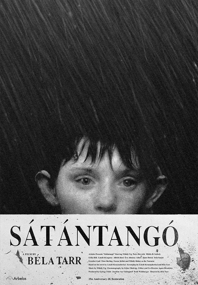 Top two-thirds of poster is image of a child's head under heavy rain shooting down across blackness. They look to the distance. Movie's title is in bottom third with directors name and credit block over white background with dirt markings and leaves.