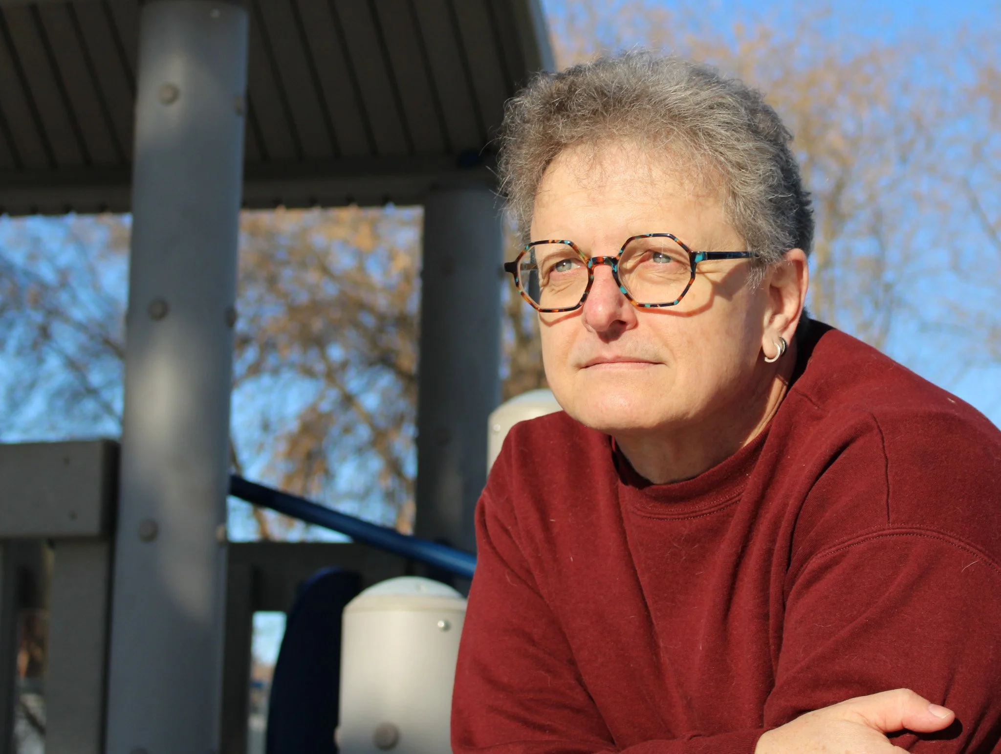 A man (Midgley) with white skin, gray hair, and hexagonal-shaped glasses, wearing a red sweater, leaning forward and looking at something unseen. He's outside, a wooden structure with roof and a bare tree in front of blue sky are behind him.