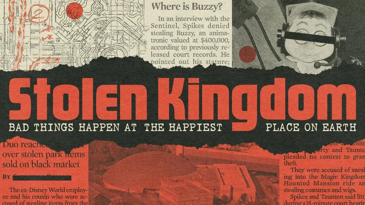 Movie's title in centre with tagline "Bad things happen at the happiest place on Earth." Newspaper clippings on top with headline "Where is Buzzy", news on bottom is drenched in red with a photo in centre.
