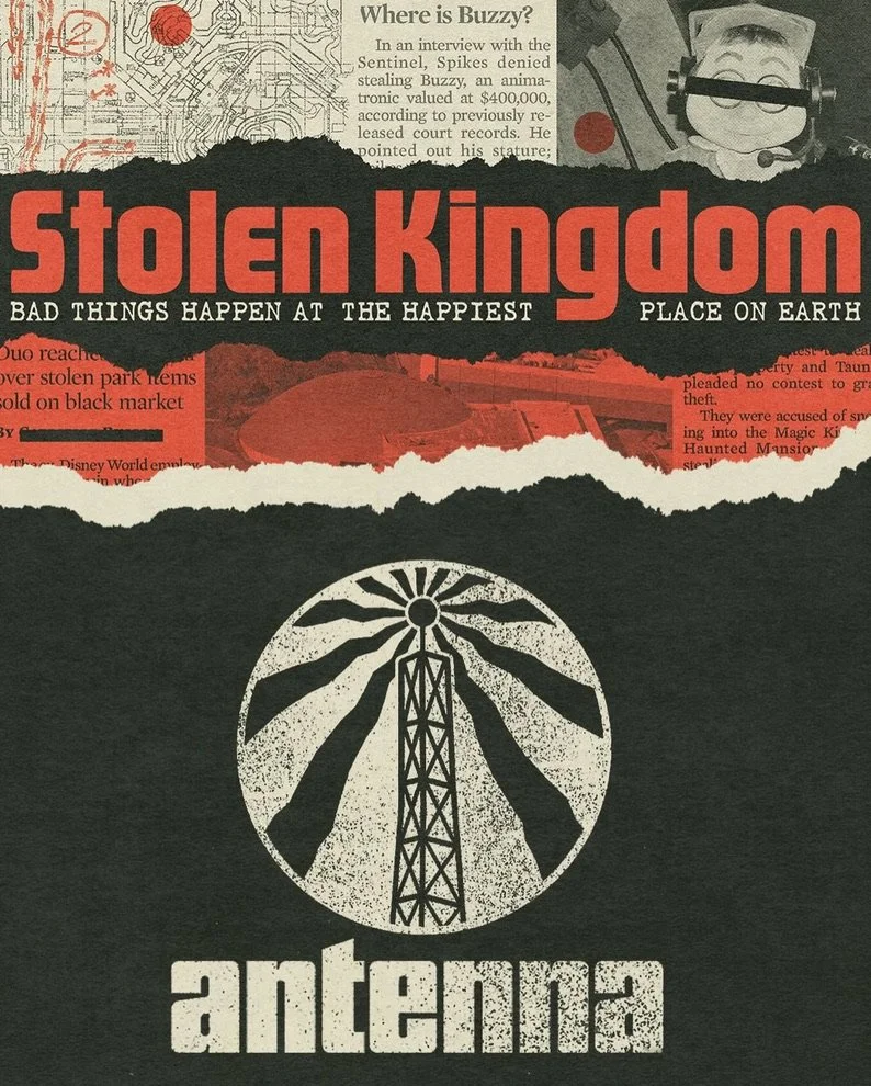Movie's title in centre of top half with tagline "Bad things happen at the happiest place on Earth." News clippings above and below in top half, bottom clippins are red. Bottom half is Antenna logo (radio tower emitting black rays) and company name.