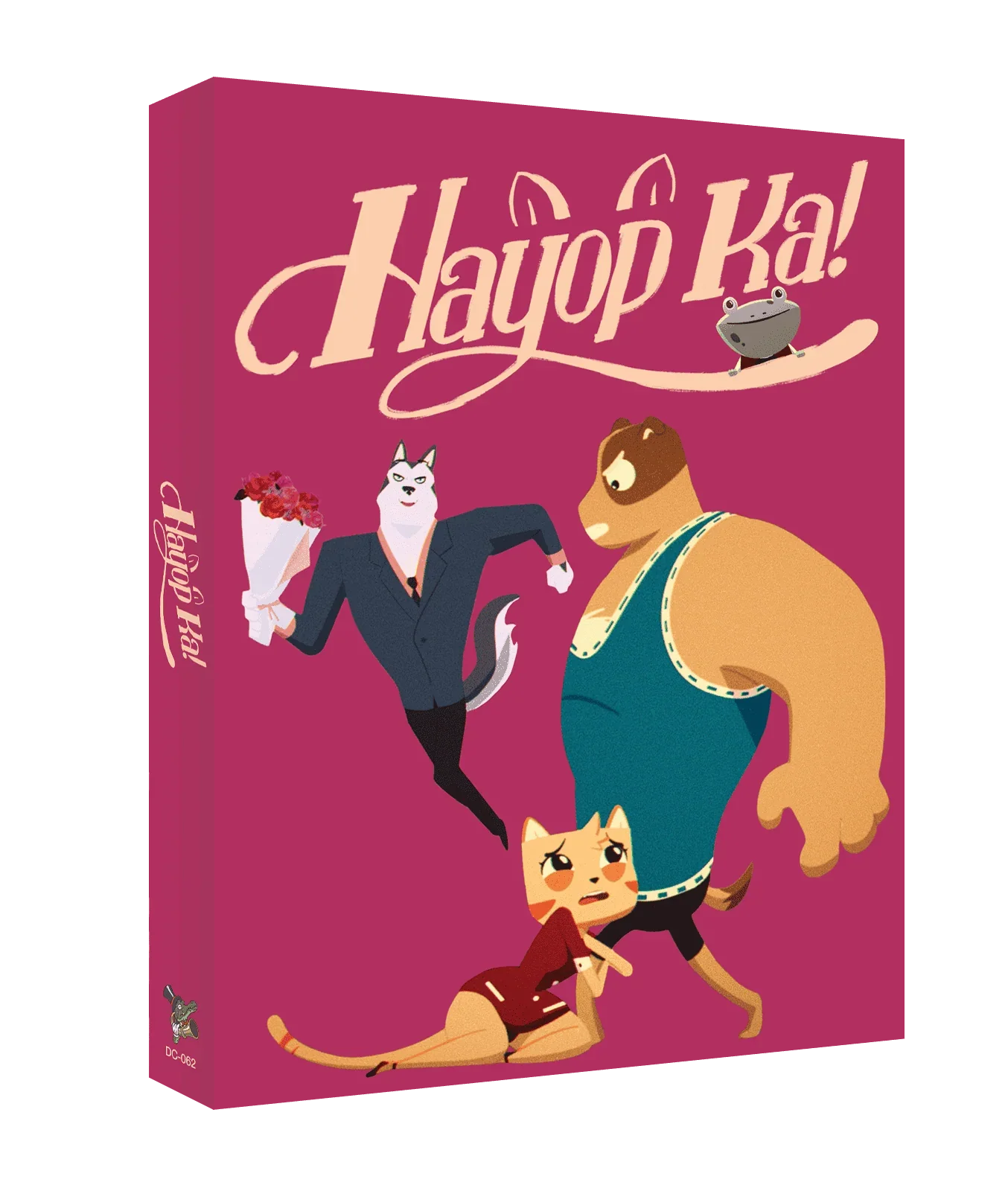 The slipcover for Deaf Crocodile's release of Hayop Ka!, which has the three main characters from the film on a pink background. They are an animated cat, a large animated dog, and a wolf-like dog in a suit holding roses. The film's title is at top.