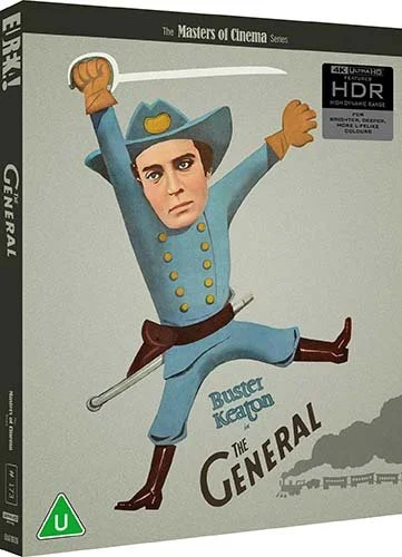 Slipcover for "The General," which has a gray background and an animated character image of Buster Keaton's character from the film aloing with the title of the film.
