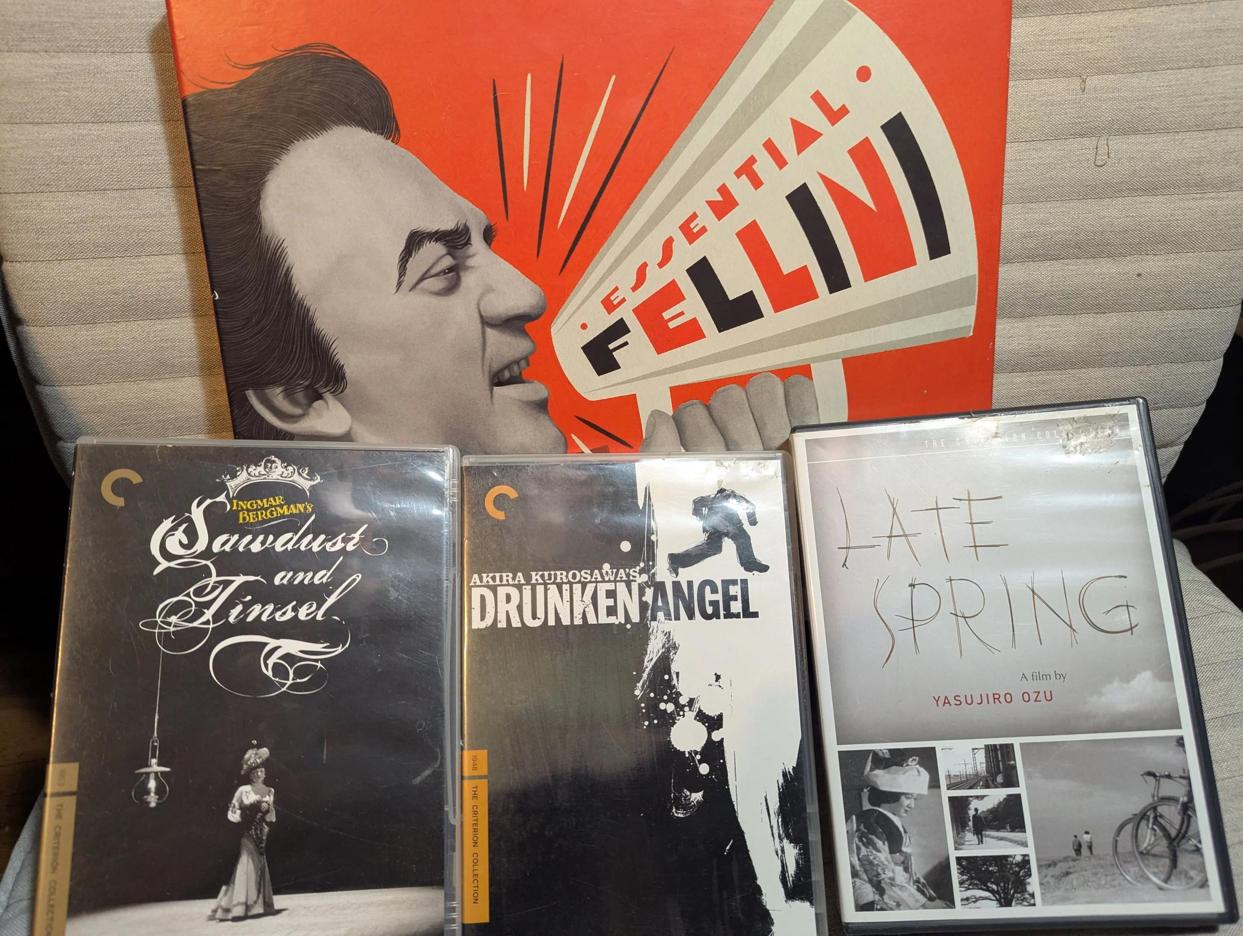 Four movie cases on a chair. Essential Fellini boxset behind three DVDs ("Sawdust and Tinsel", "Drunken Angel", and Late Spring"). Fellini box is bright orange, other three cases have black and white images on their covers. Beige seat behind cases.