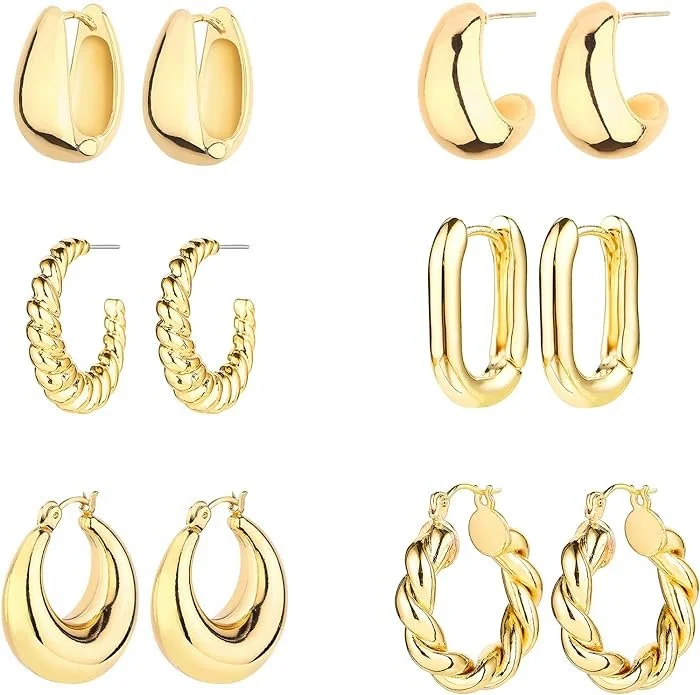 6 Pairs 14K Gold Hoop Earrings for Women 