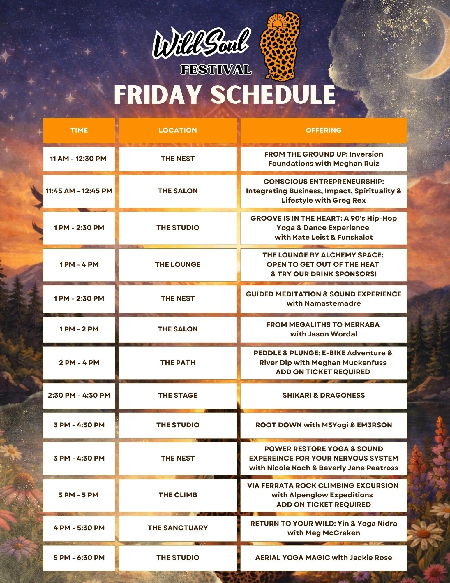 WILD SOUL FESTIVAL FRIDAY 7/10/26 SCHEDULE