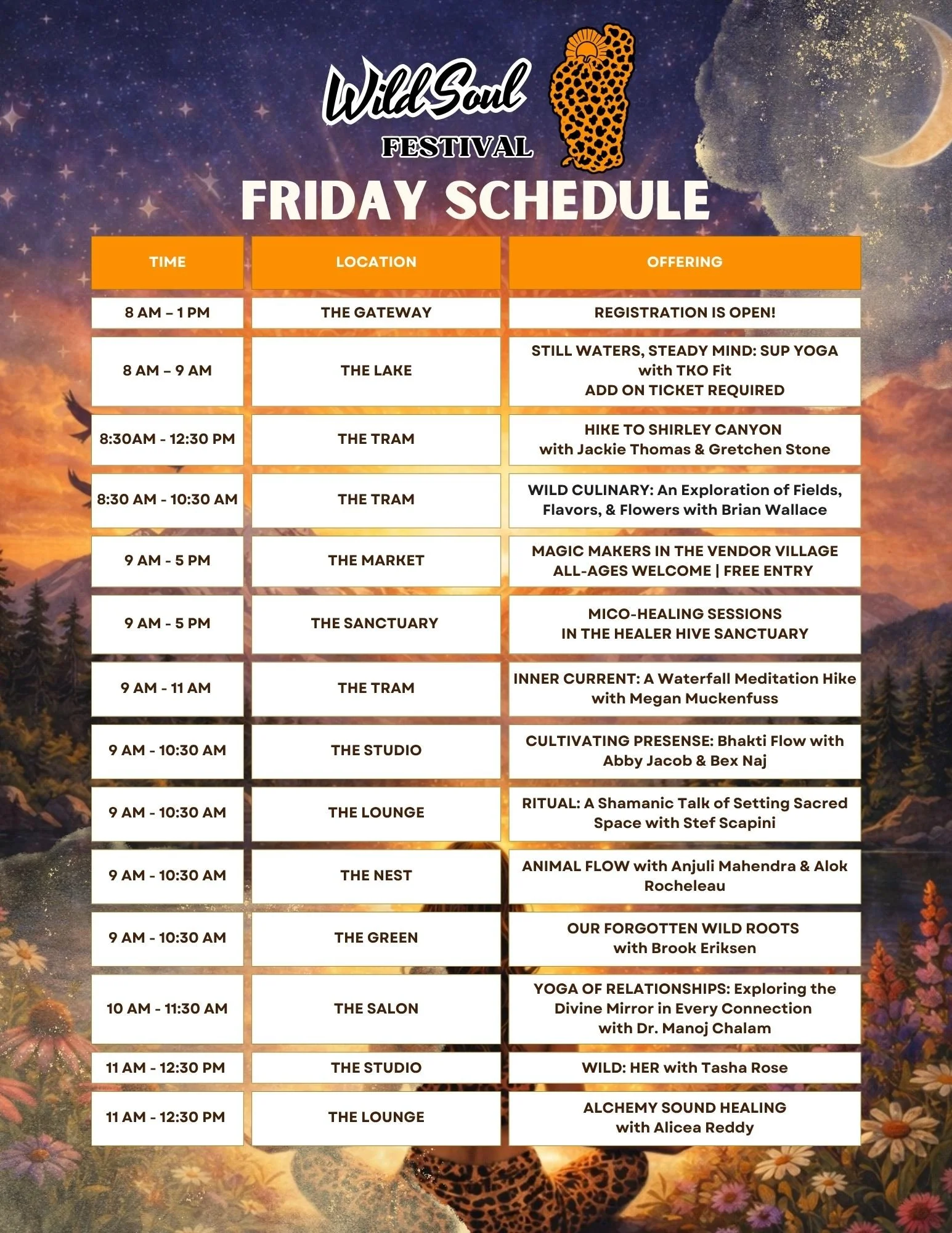 WILD SOUL FESTIVAL FRIDAY 7/10/26 SCHEDULE