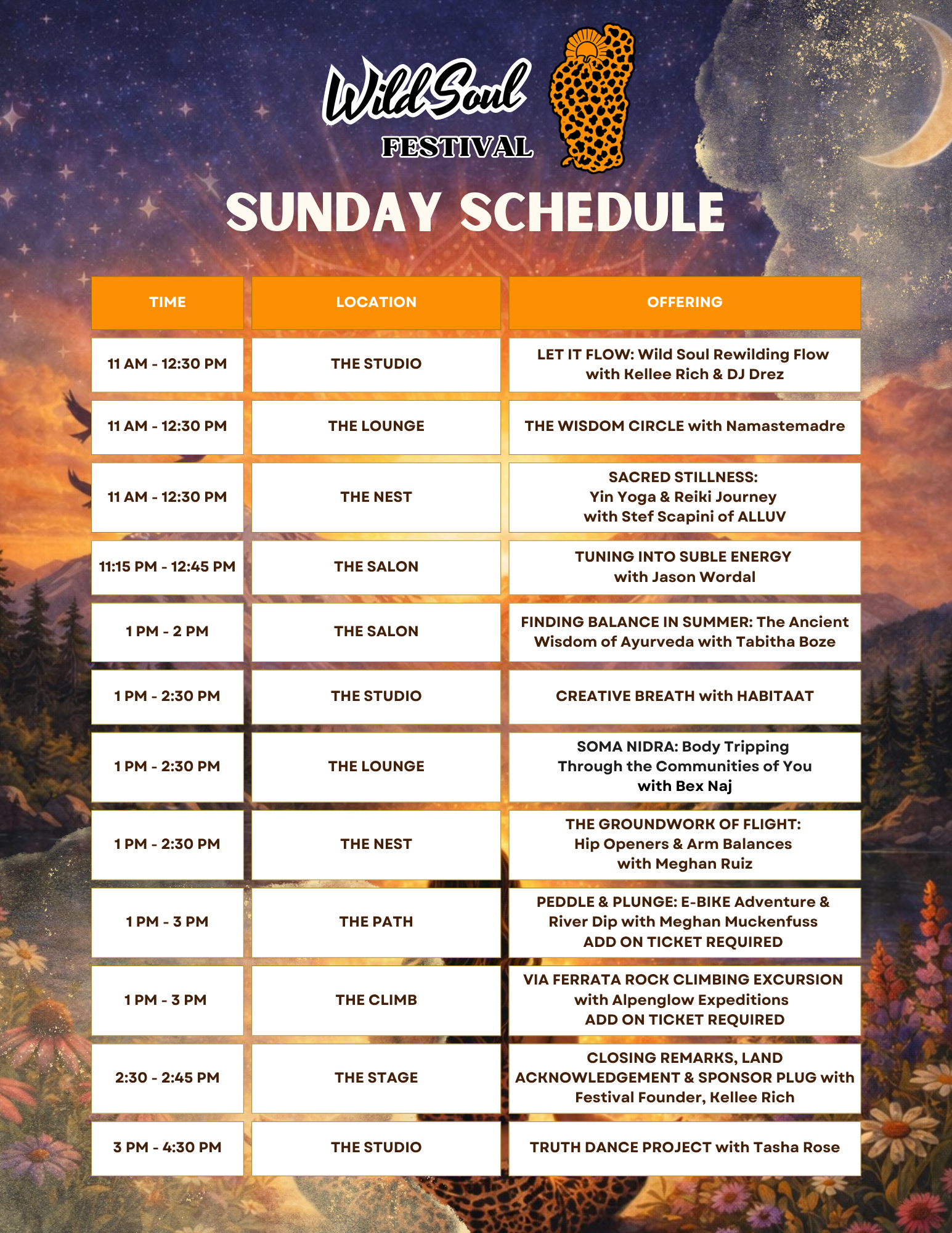Schedule of events for the Wild Soul Festival on Sunday, featuring various sessions from 11 AM to 4:30 PM, held at different locations such as The Studio, The Lounge, The Nest, The Salon, and The Stage, with activities including rewilding flows, wisdom circles, yoga, meditation, dance projects, and rock climbing excursions.
