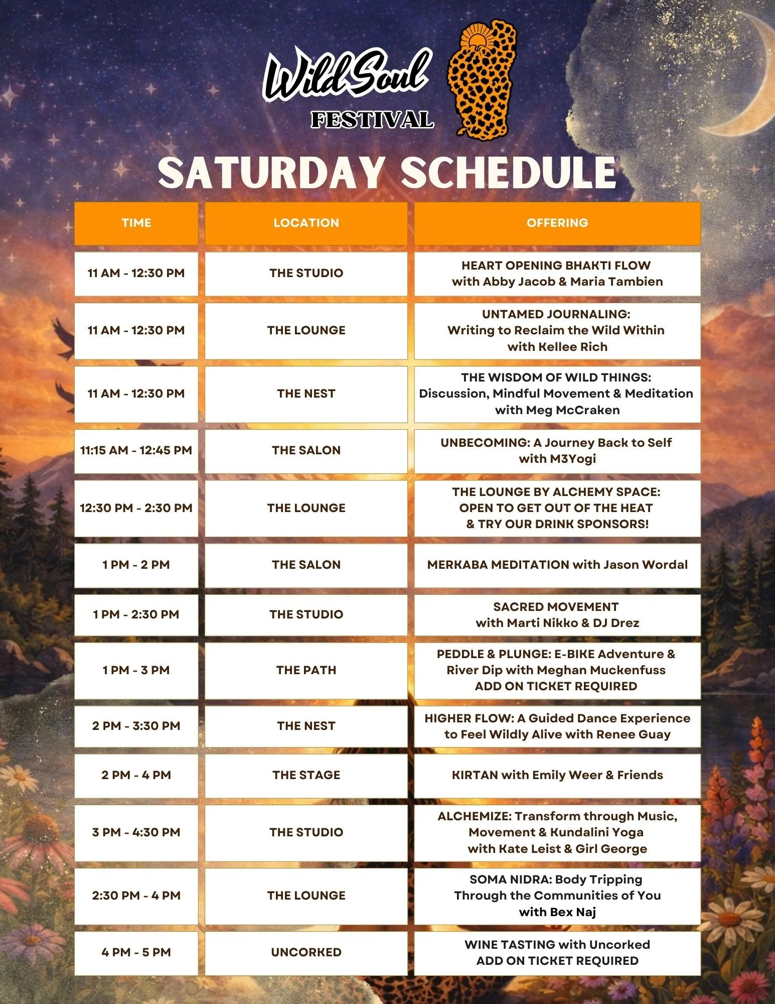 WILD SOUL FESTIVAL SATURDAY 7/11/26 SCHEDULE