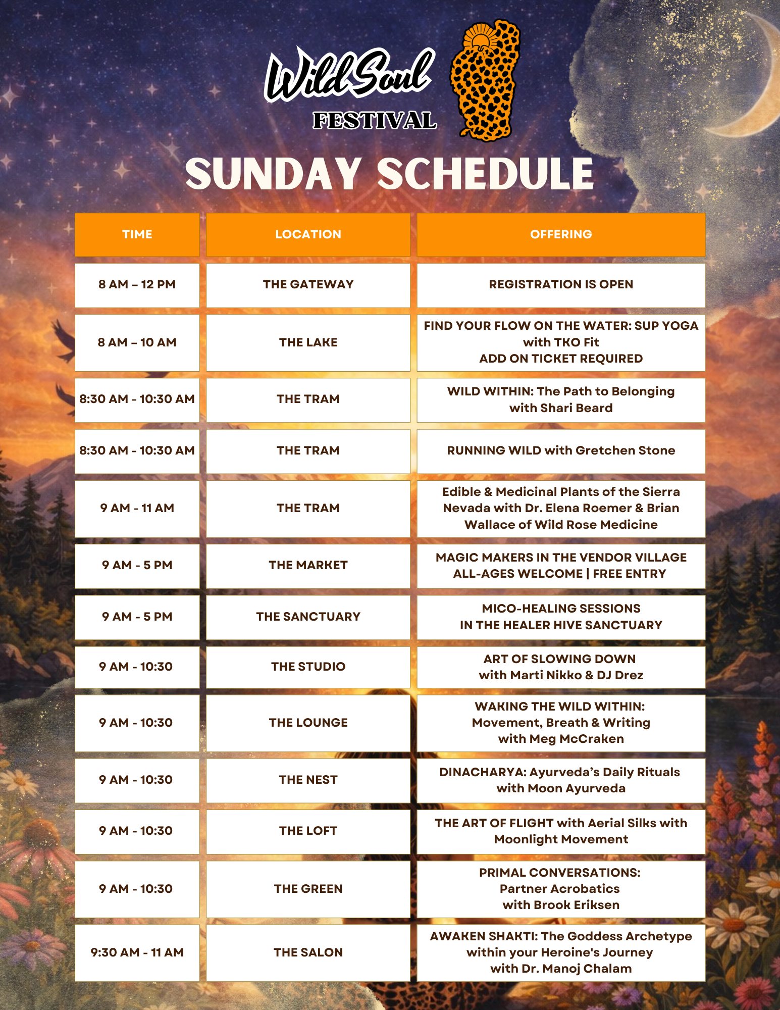 Schedule of events for the Wild Soul Festival, including times, locations, and descriptions of various activities such as yoga, workshops, art, and healing sessions, set against a colorful, celestial background with moon, stars, and mountain scenery.