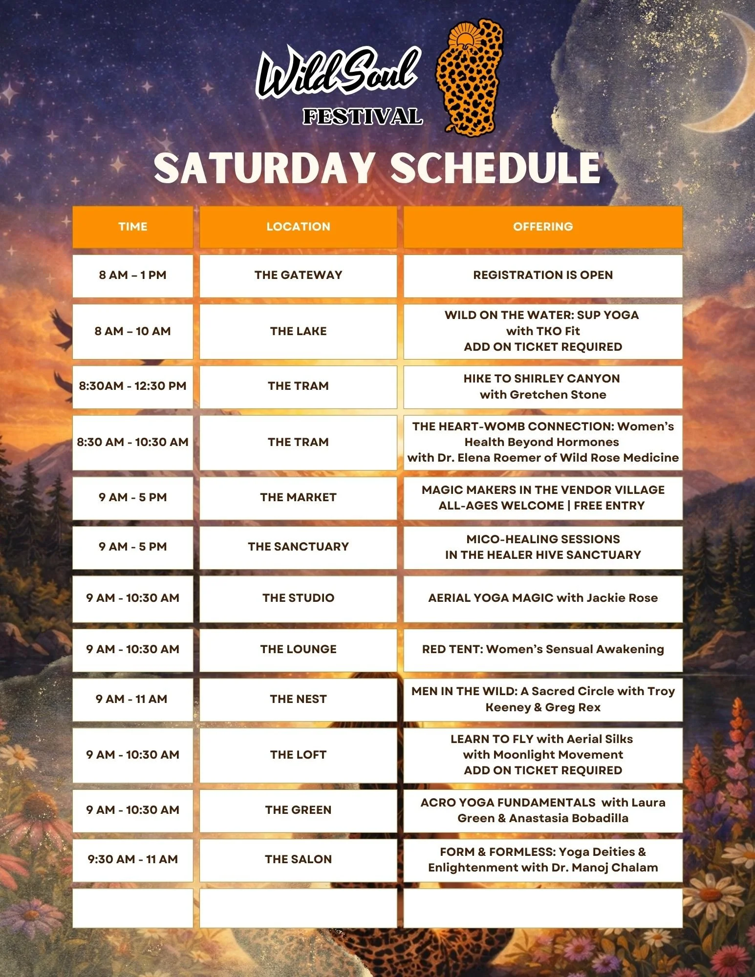 WILD SOUL FESTIVAL SATURDAY 7/11/26 SCHEDULE