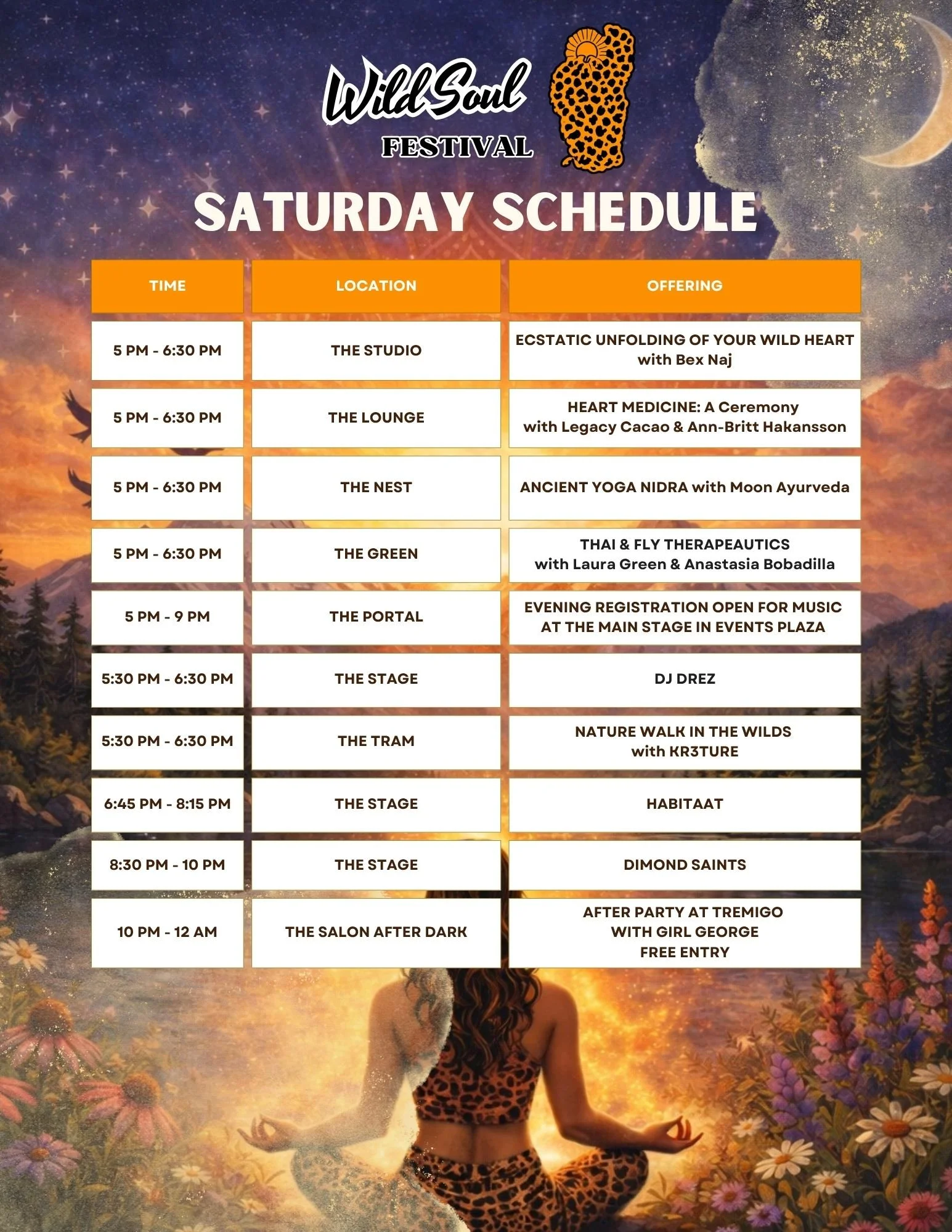 Event schedule for Wild Soul Festival with timings, locations, and descriptions, overlaid on a background of a sunset with mountains, a moon, and a woman sitting in a yoga pose surrounded by flowers.