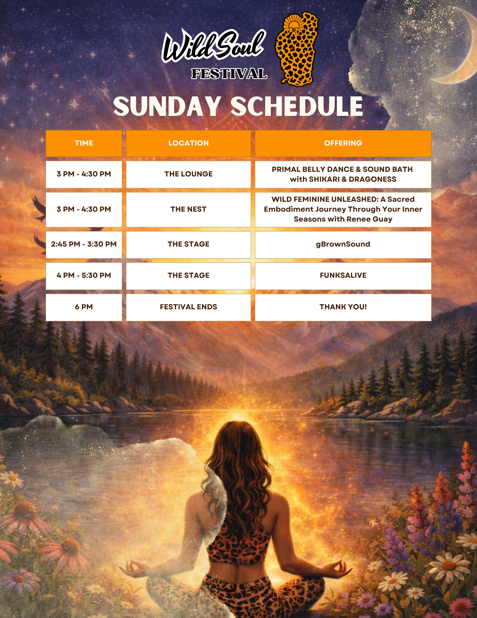 A person with long hair, wearing animal print clothing, meditating in a peaceful outdoor setting by a lake during a sunset or sunrise, with mountains and a starry sky in the background.