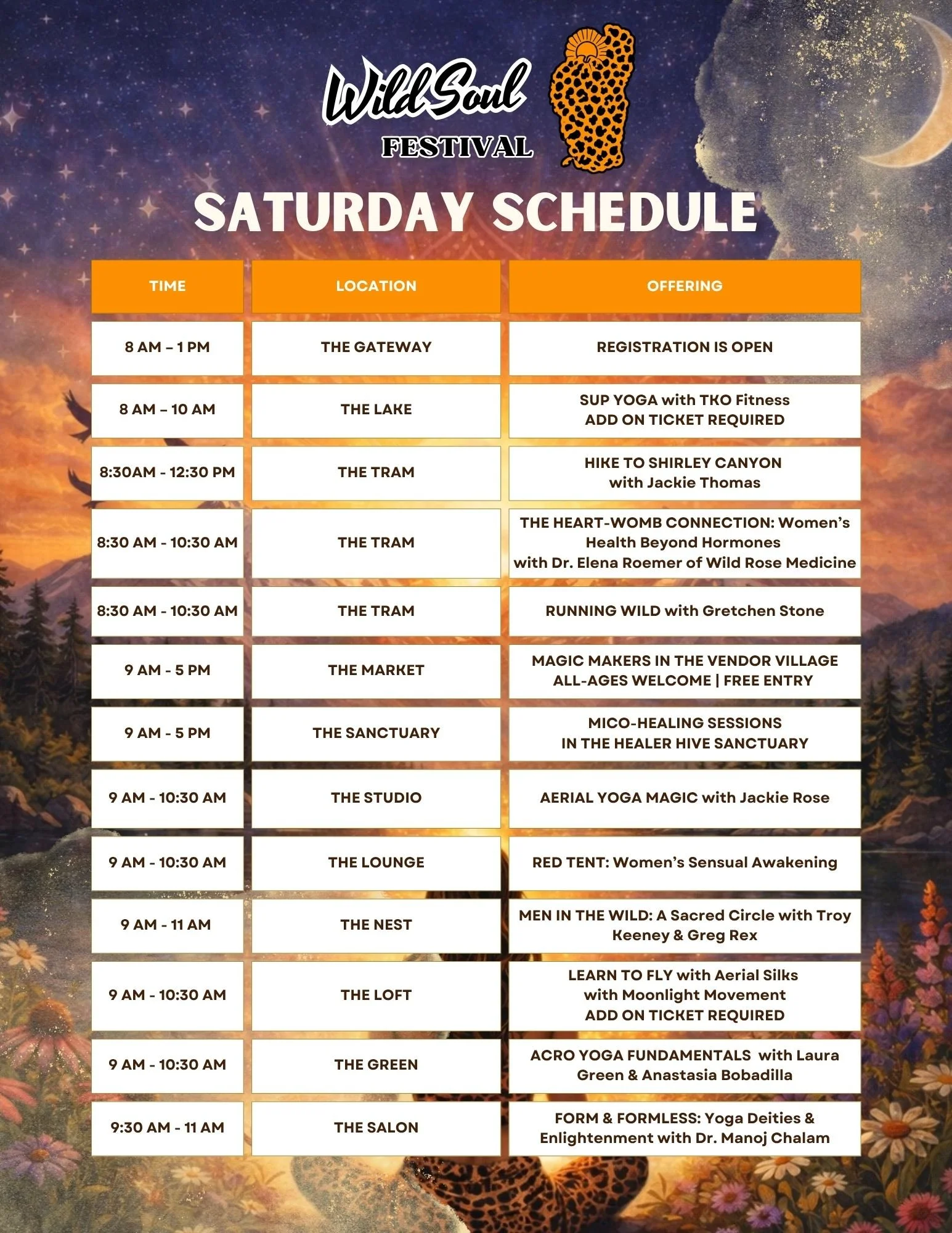 A schedule of activities for the Wild Soul Festival on Saturday, featuring various workshops and events from 8 AM to 11 AM, listed in a table with columns for time, location, and offering, set against a background of a colorful sky, moon, clouds, stars, and mountain landscape.