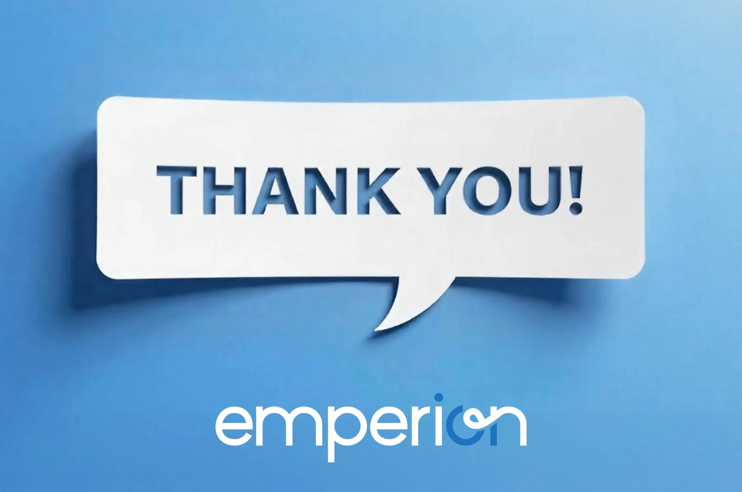 A speech bubble with the words "THANK YOU!" in bold blue letters on a white background, with a blue background behind the speech bubble and part of the company's logo 'emperor' visible below.