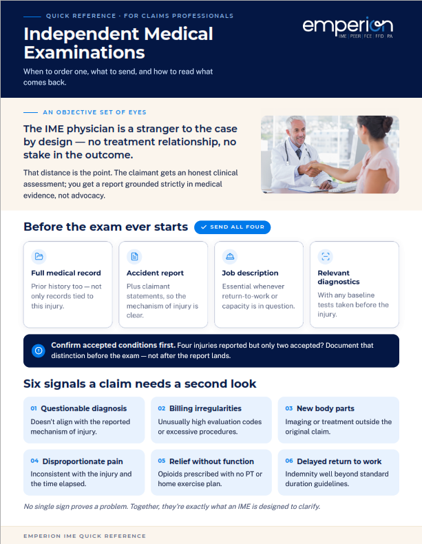 Infographic about independent medical examinations for claims professionals, discussing when to order one, what to send, and how to interpret the results; includes sections on the objective set of eyes, the nature of IME physicians, what to do before the exam, and signs that a claim may need a second look.