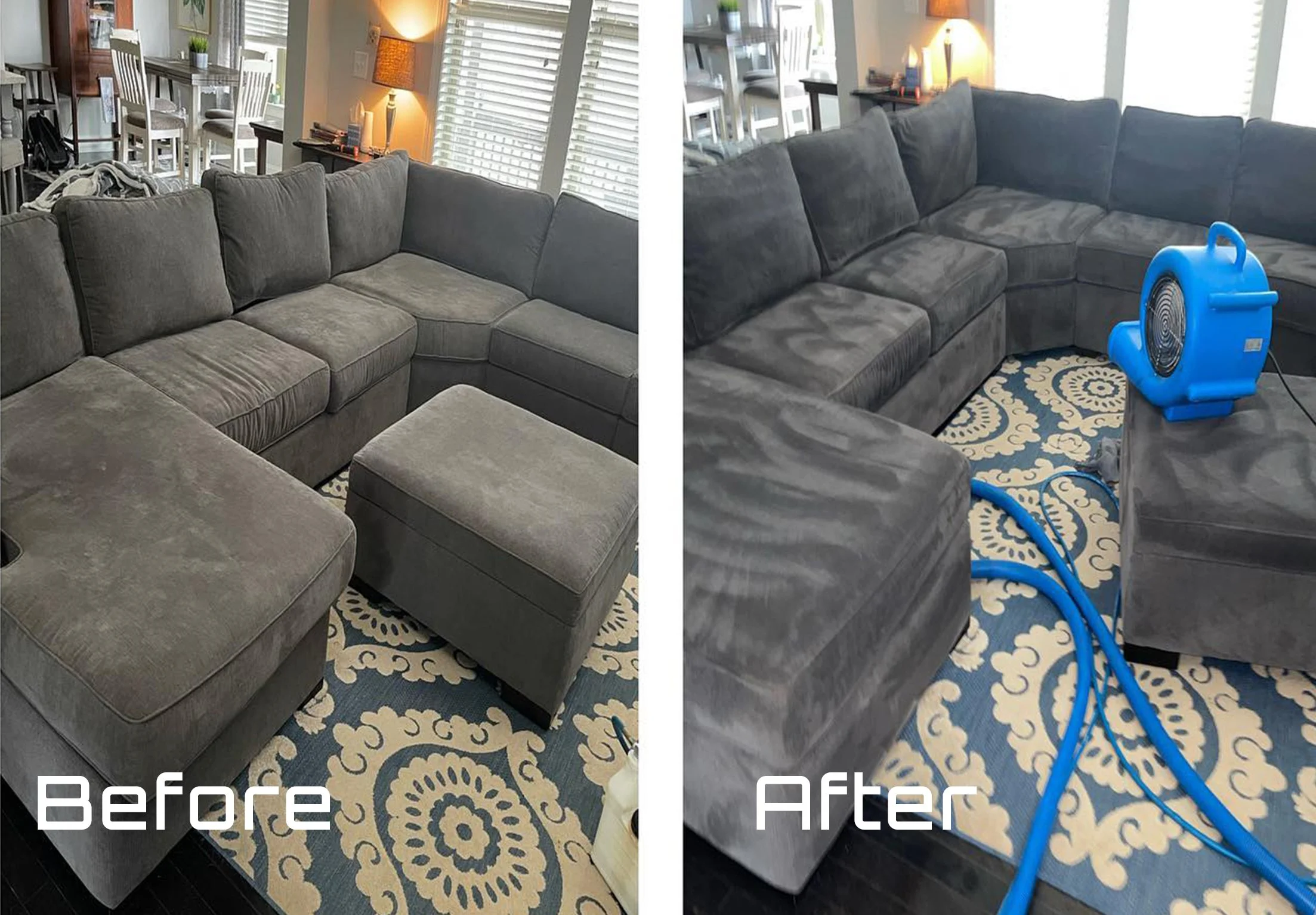 Before and after carpet stain removal sofa