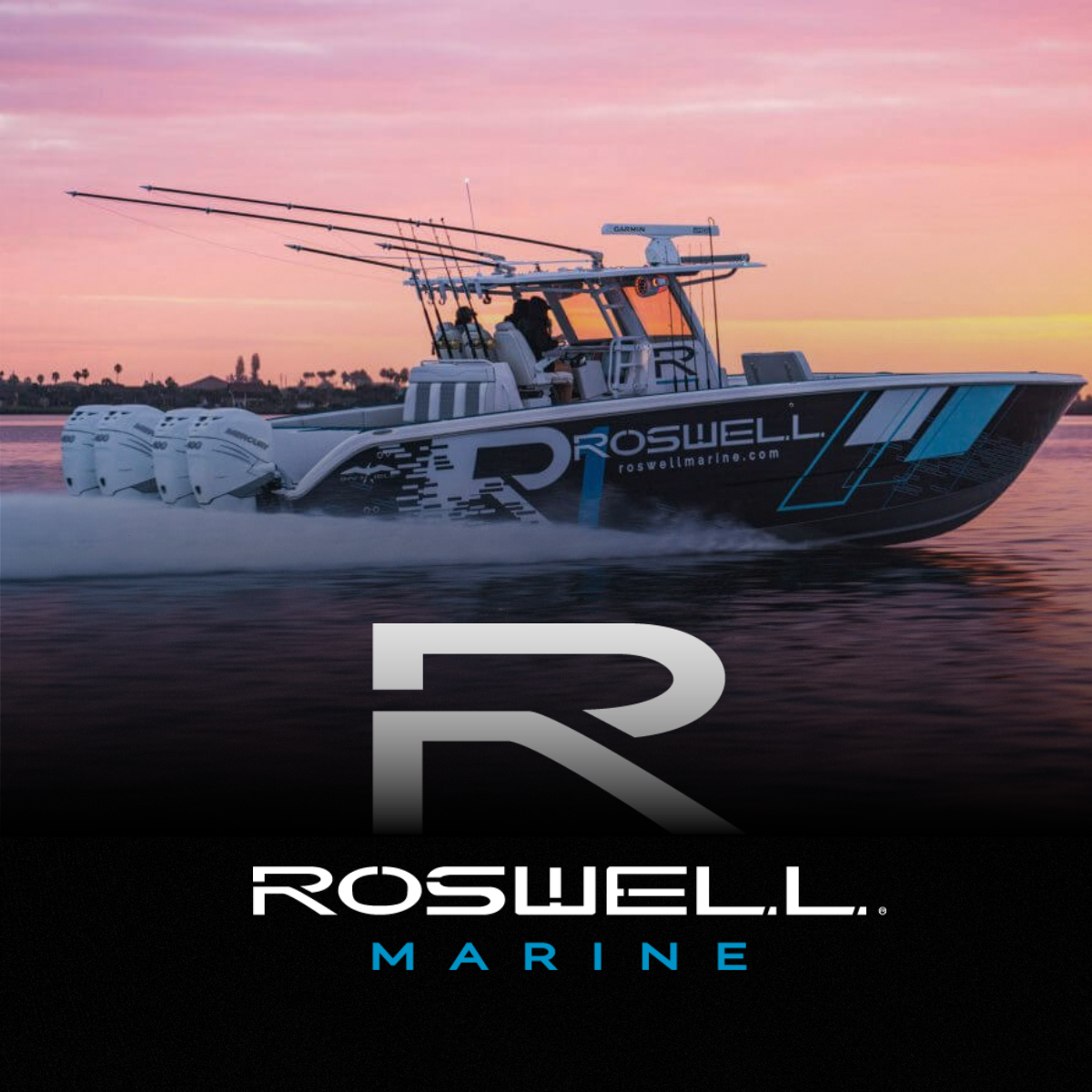 A Roswell Marine boat with four engines speeding across water at sunset, with pink and orange sky and distant shoreline.