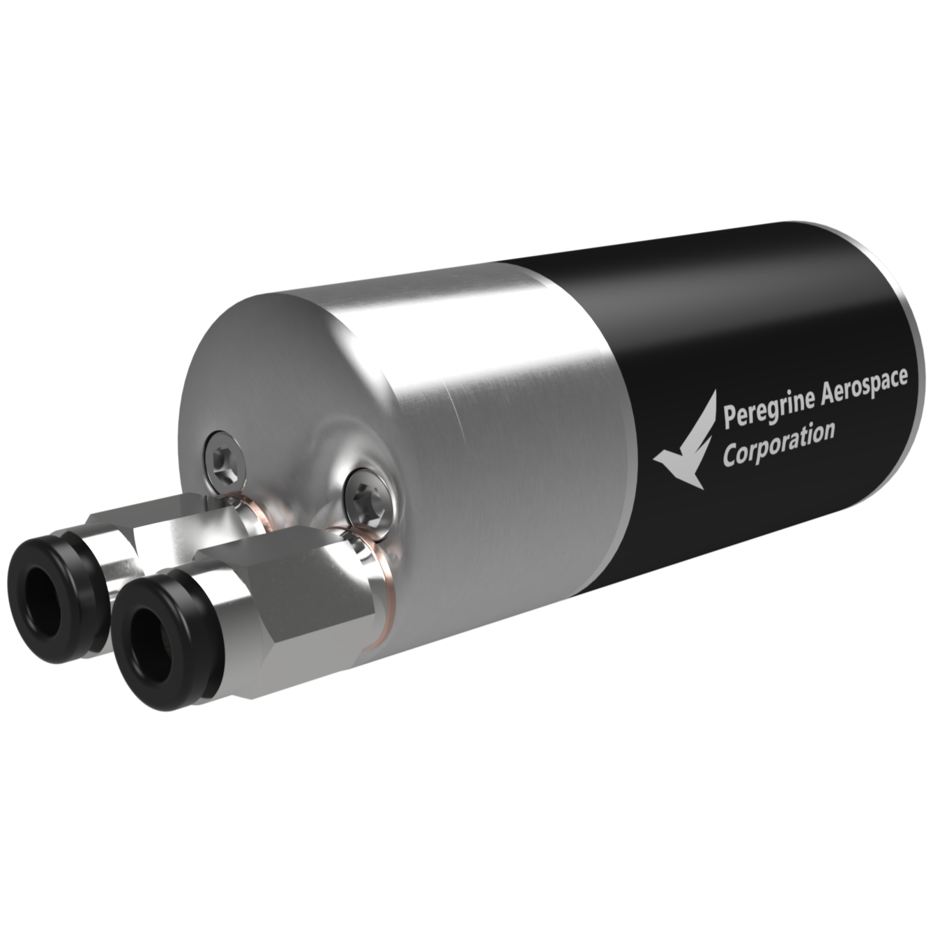 A micro-gear pump labeled 'Peregrine Aerospace Corporation' with two attached fittings.