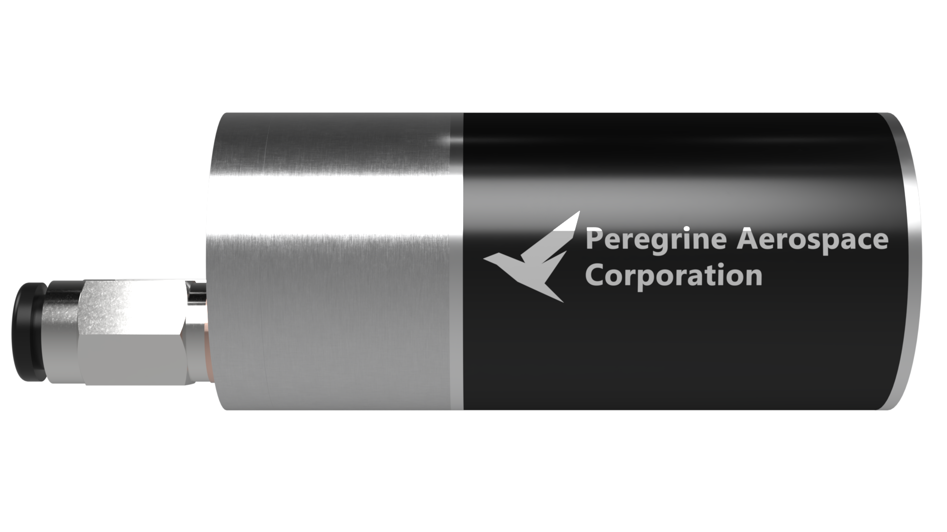 A micro-gear pump labeled 'Peregrine Aerospace Corporation' with two attached fittings.