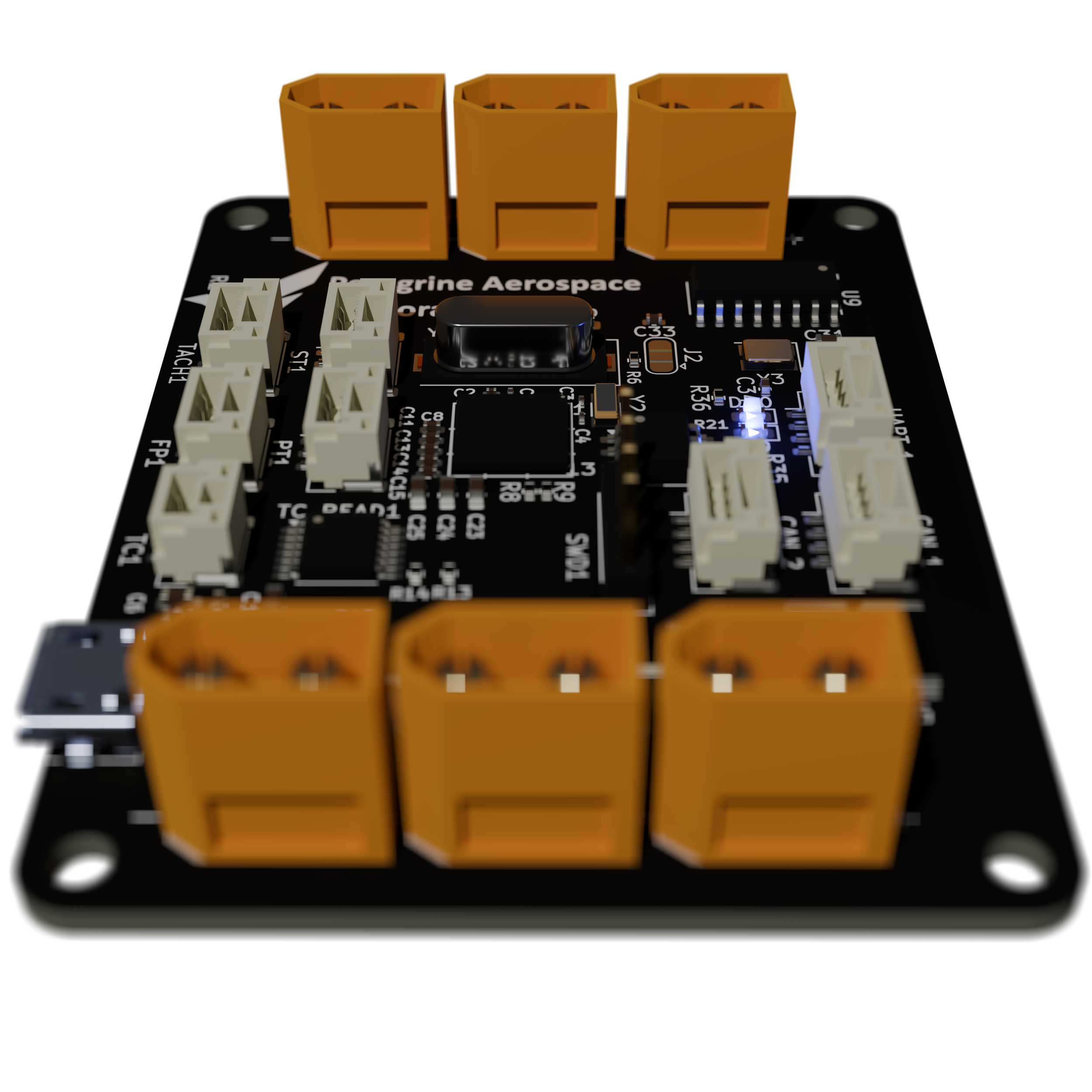 A black printed circuit board with multiple white and orange connectors, an integrated circuit, and components, labeled 'Peregine Aerospace'.