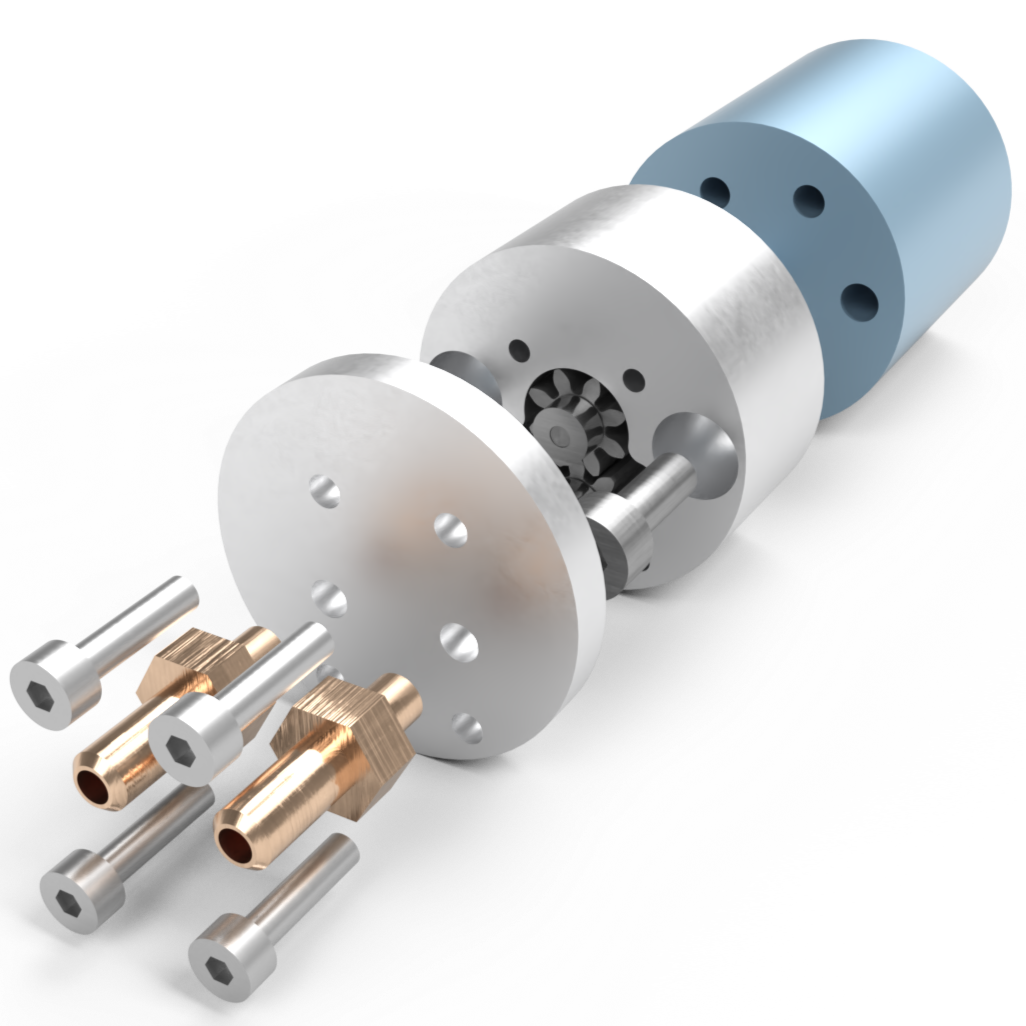 Disassembled mechanical component with metallic and composite parts, including bolts and cylindrical pieces.