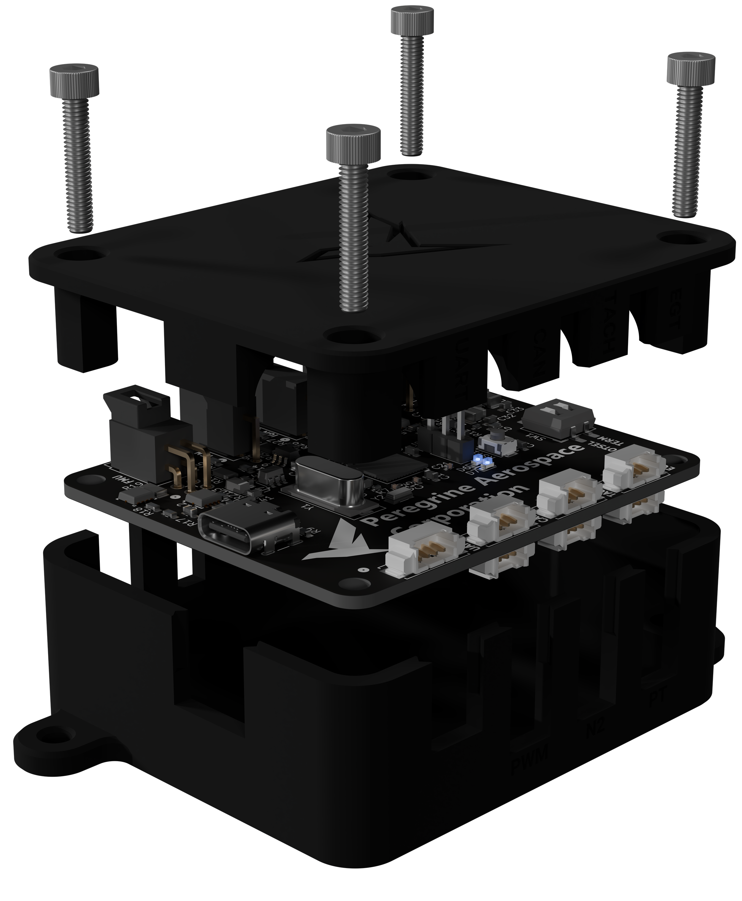 A microturbine FADEC with multiple white connectors, a USB port, and a small blue LED, mounted with four screws on a black frame labeled 'Peregrine Aerospace'.