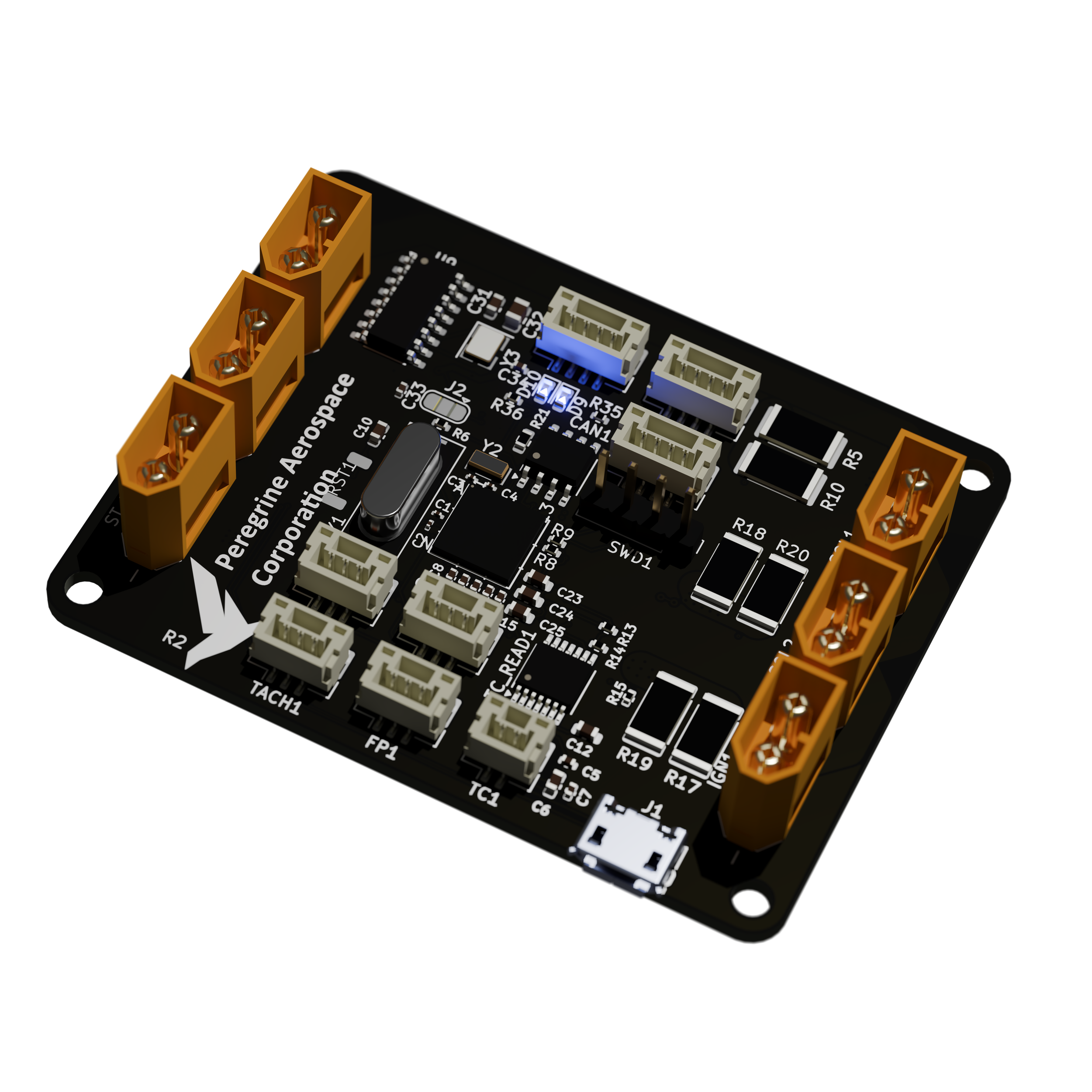 A circuit board labeled with 'Peregrine Aerospace Corporation,' containing various electronic components such as chips, capacitors, connectors, and headers, with multiple labels and connections.