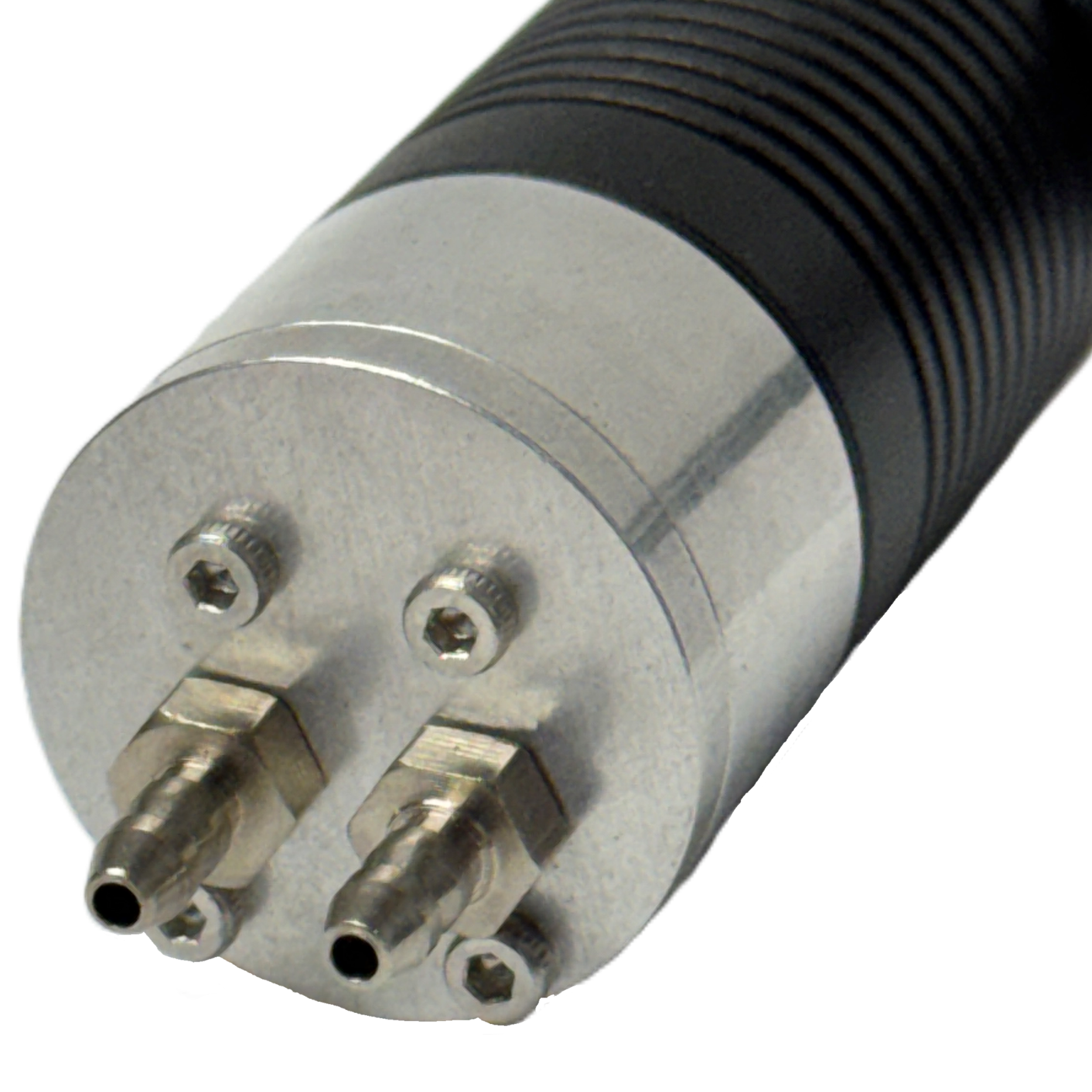 Close-up of a micro-gear pump with two yellow liquid tubes attached, mounted on a 3D printed stand.