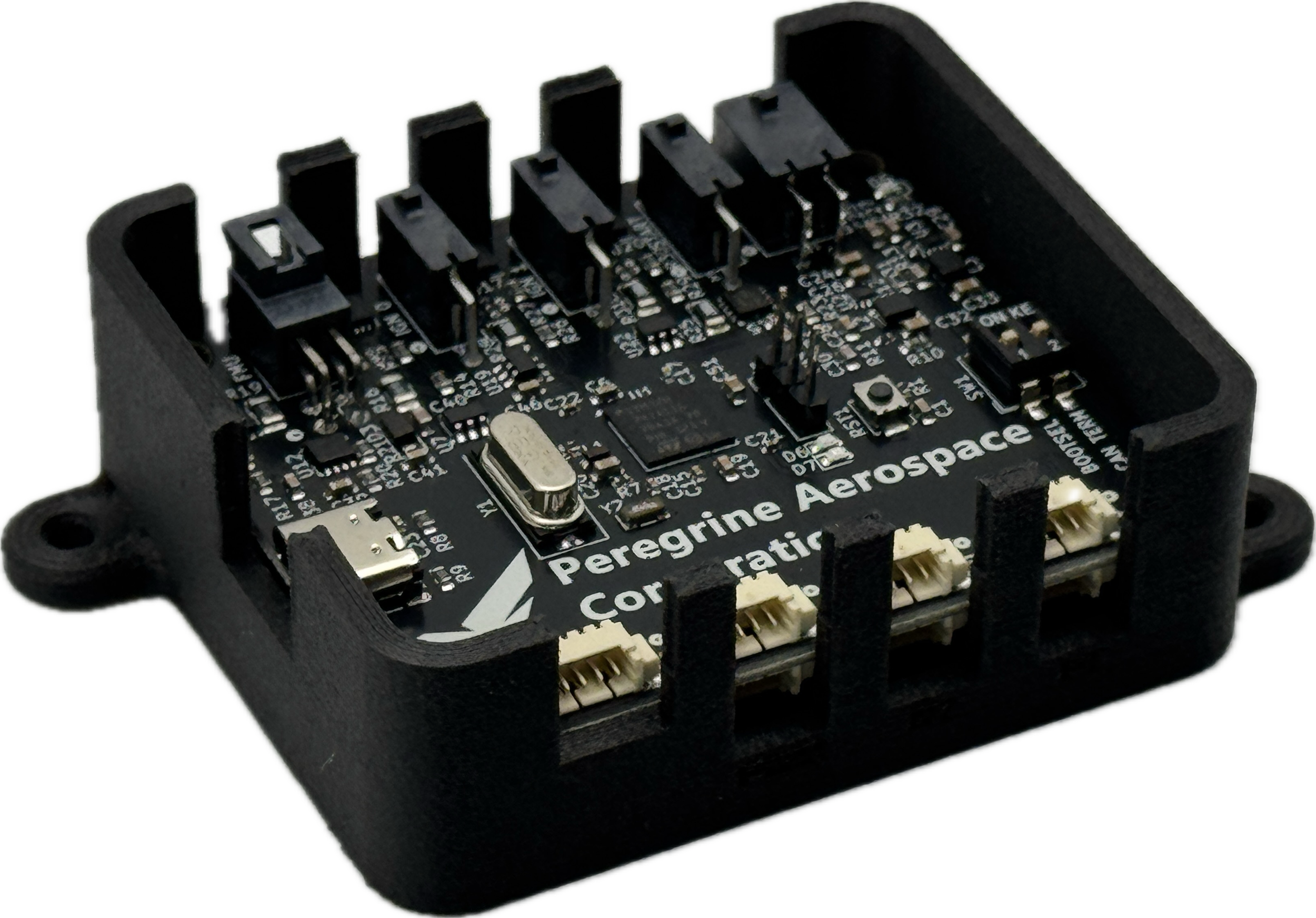 A circuit board labeled with 'Peregrine Aerospace Corporation,' containing various electronic components such as chips, capacitors, connectors, and headers, with multiple labels and connections.
