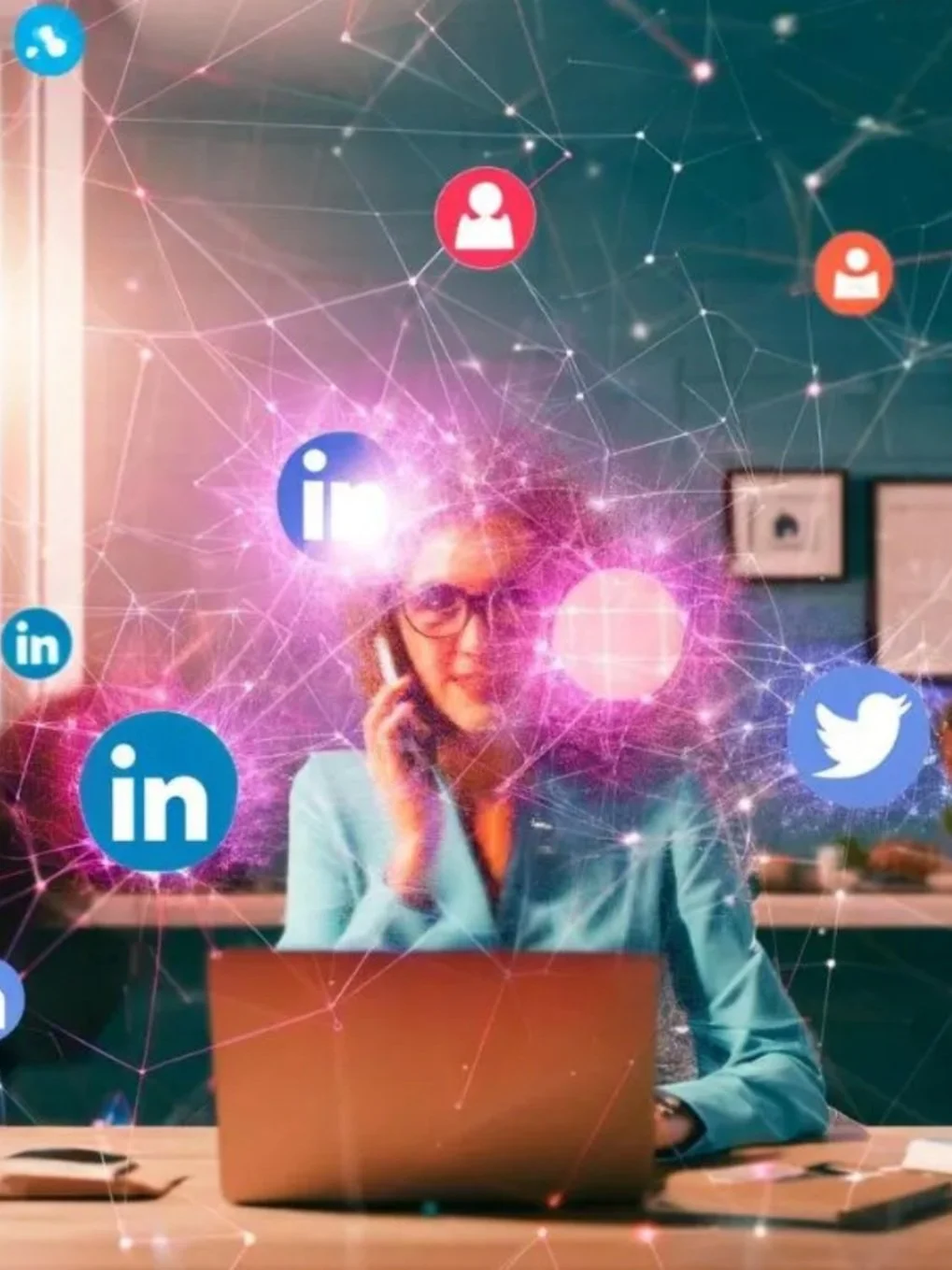 A woman is pictured on the phone and in front of her computer with social networks displayed over her, linked in a web.