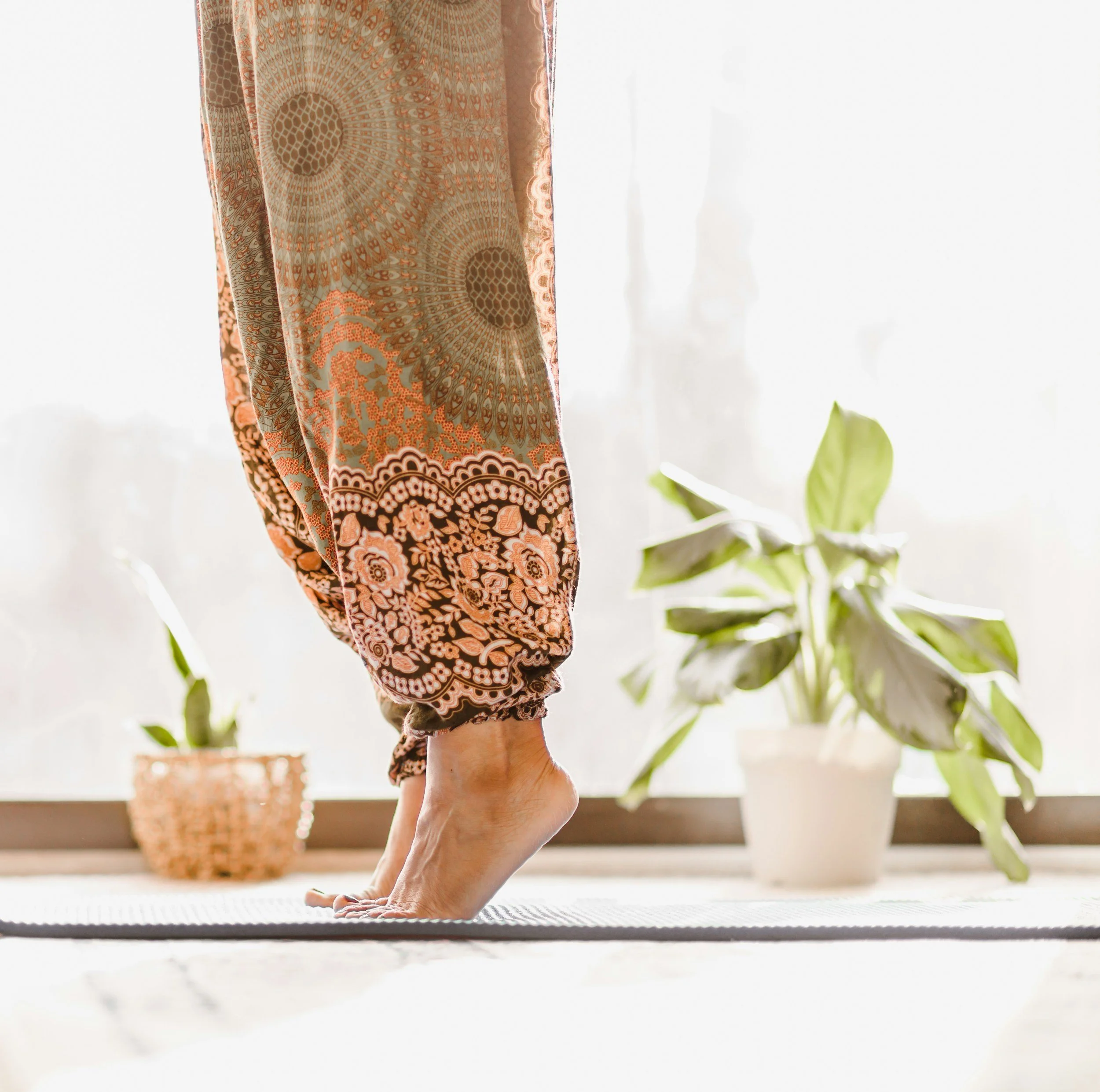 Person practicing yoga or meditation in a bright room with potted plants, standing on a yoga mat.