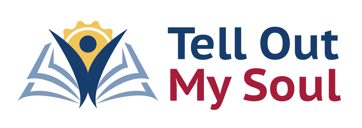 Tell Out My Soul logo, a figure reaches towards the sun, standing in front of an open book