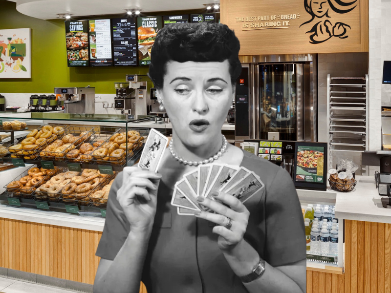 woman playing cards in a Panera