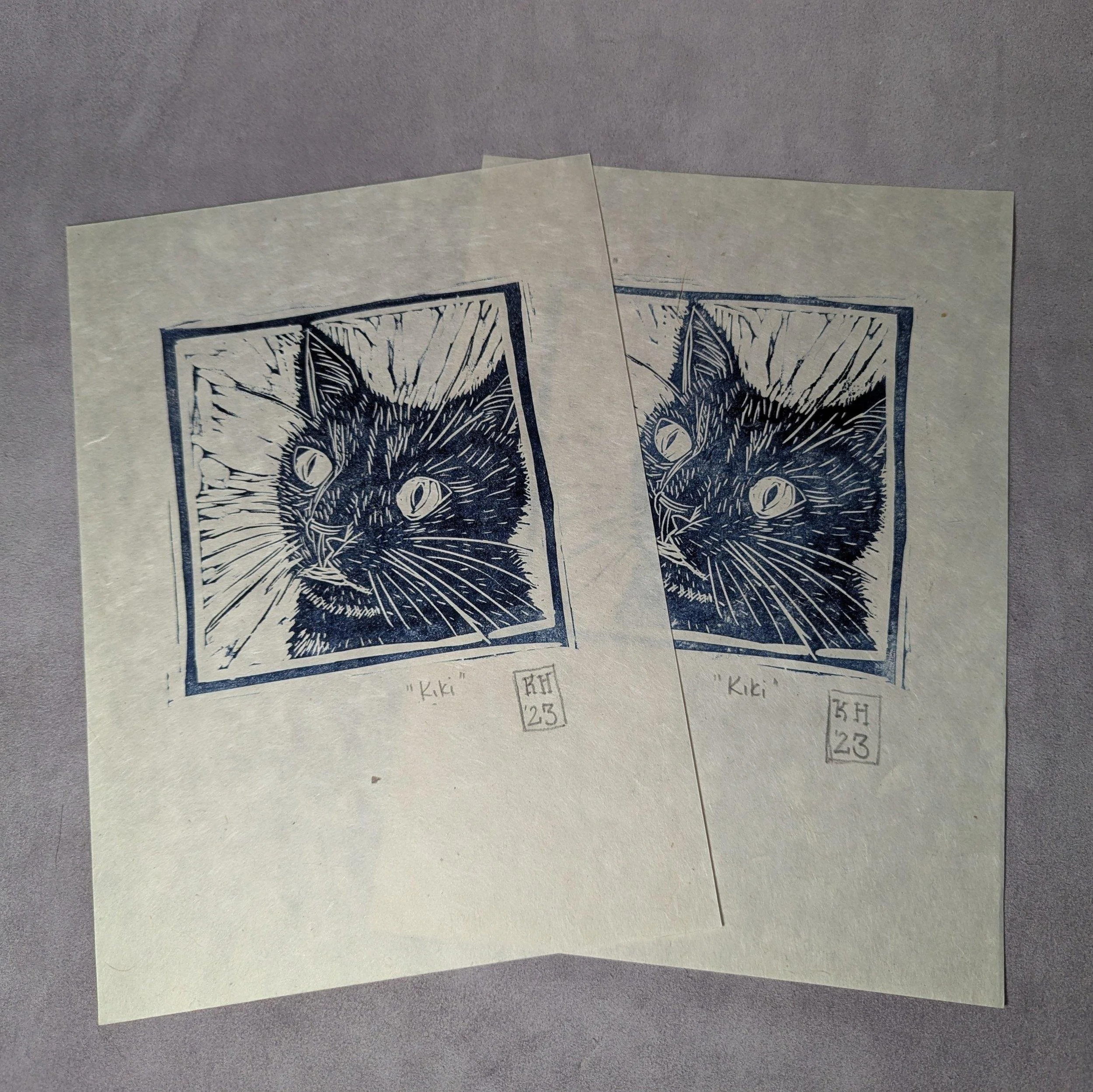 Kiki the Black Cat original Linoprint - Prussian Blue on Lokta Paper