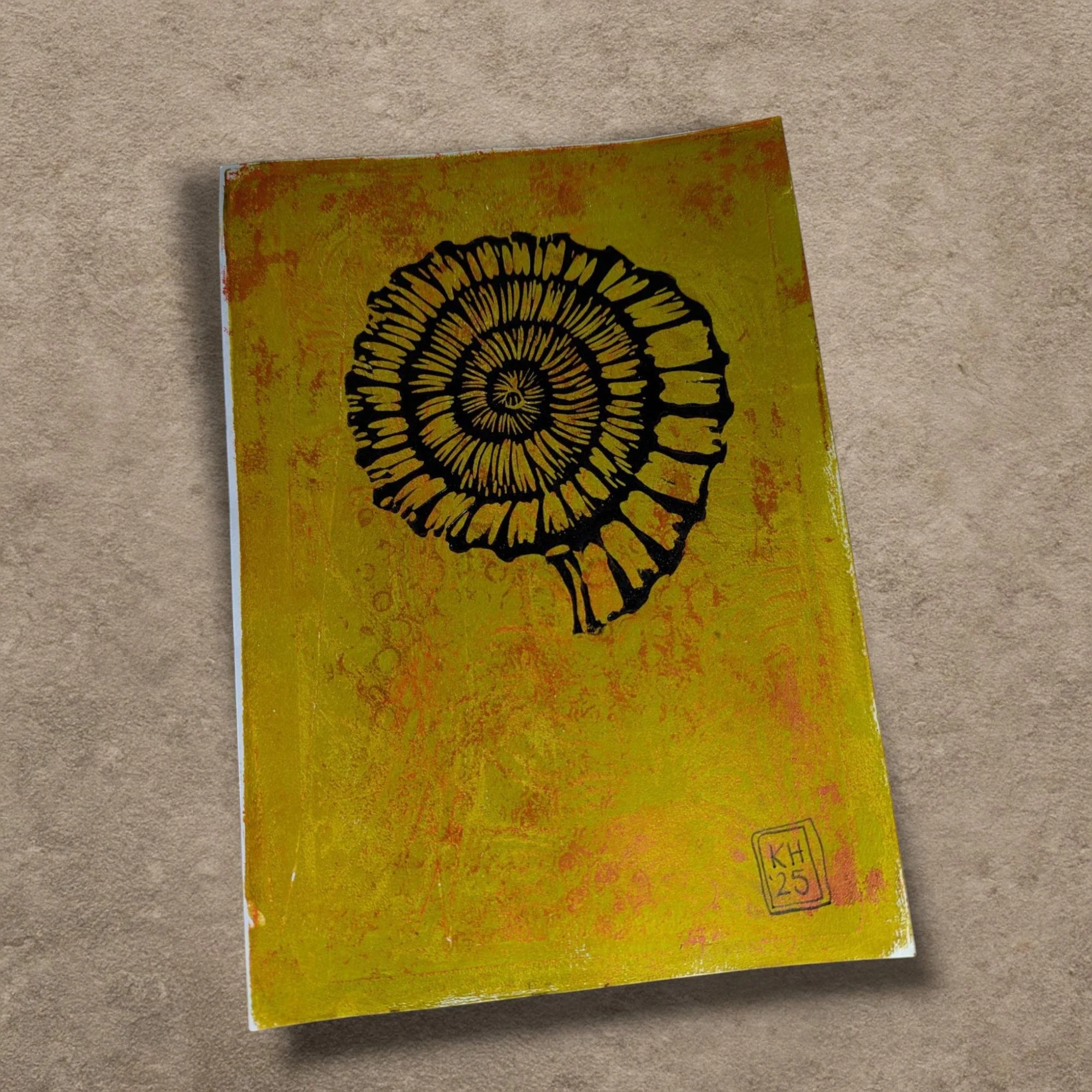 Ammonite: Solar Memory  - hand-printed lino print on monoprinted background
