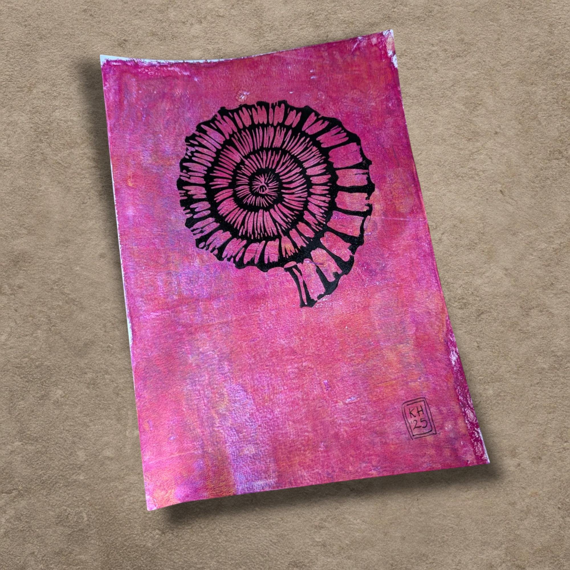 Ammonite: Petal Flame - hand-printed lino print on monoprinted background