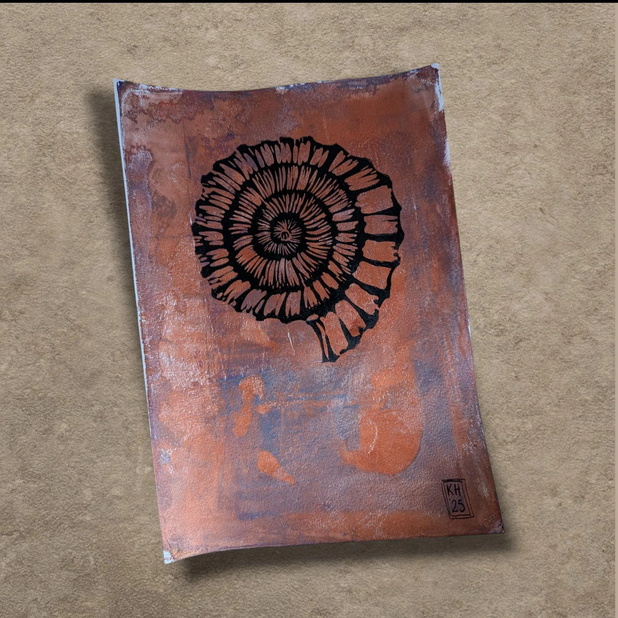 Ammonite: Corefire  - hand-printed lino print on monoprinted background