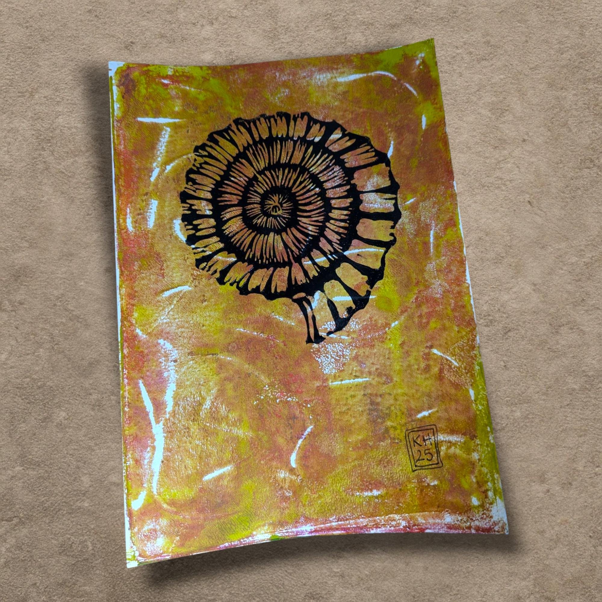 Ammonite: Golden Return  - hand-printed lino print on monoprinted background
