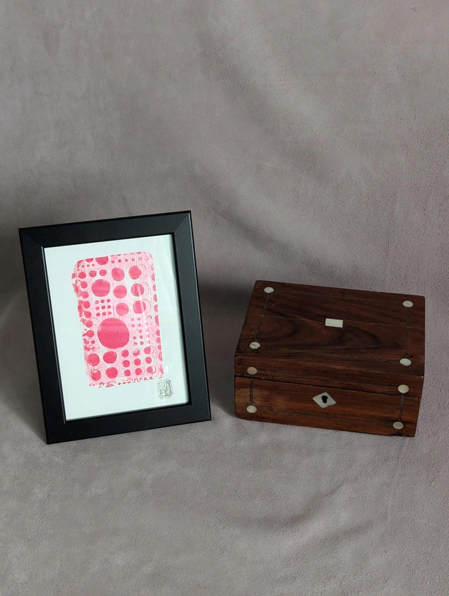 Iridescent Red abstract circles monoprint