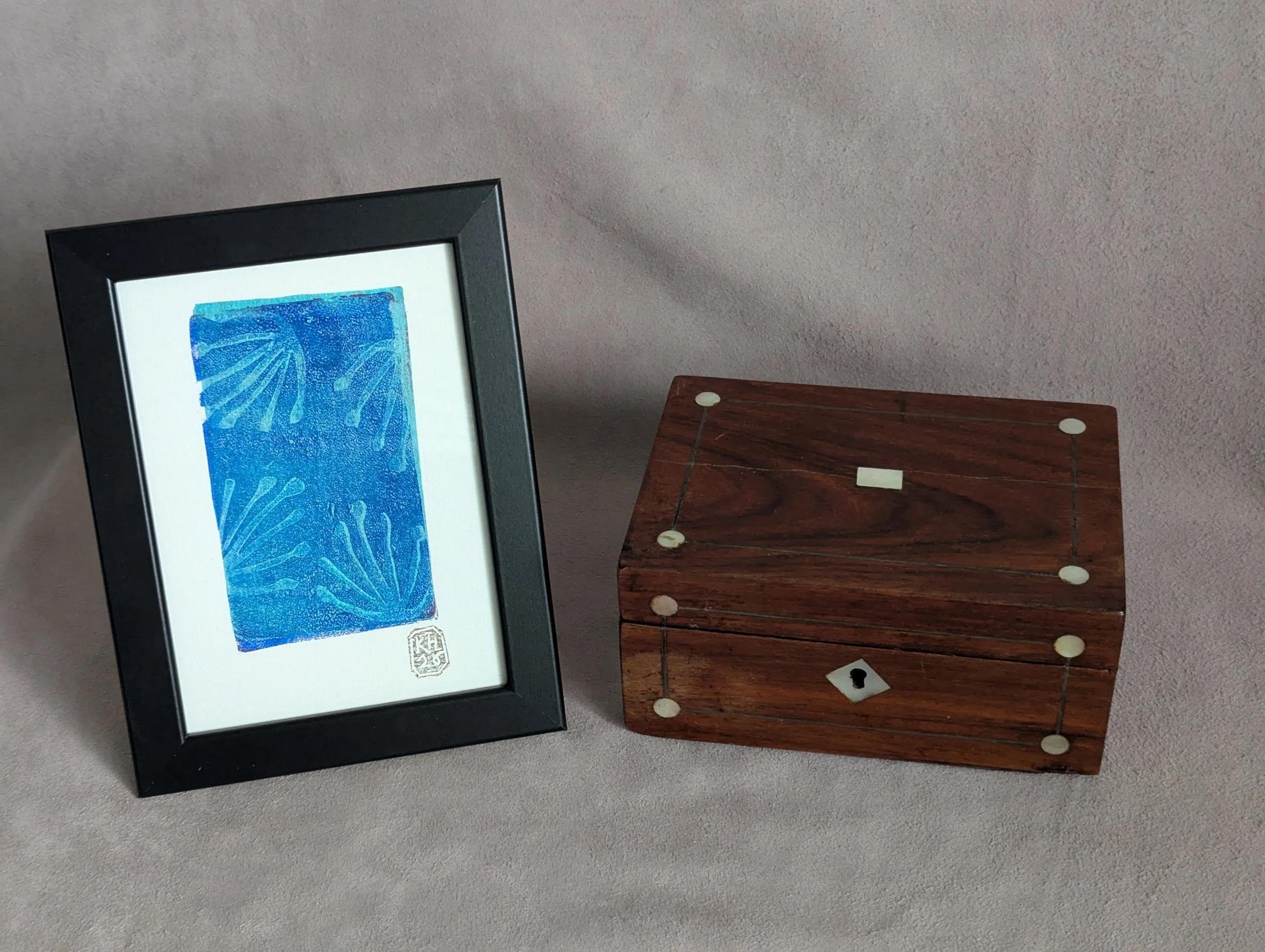 Abstract leaves - Blue and Turquoise iridescent monoprint