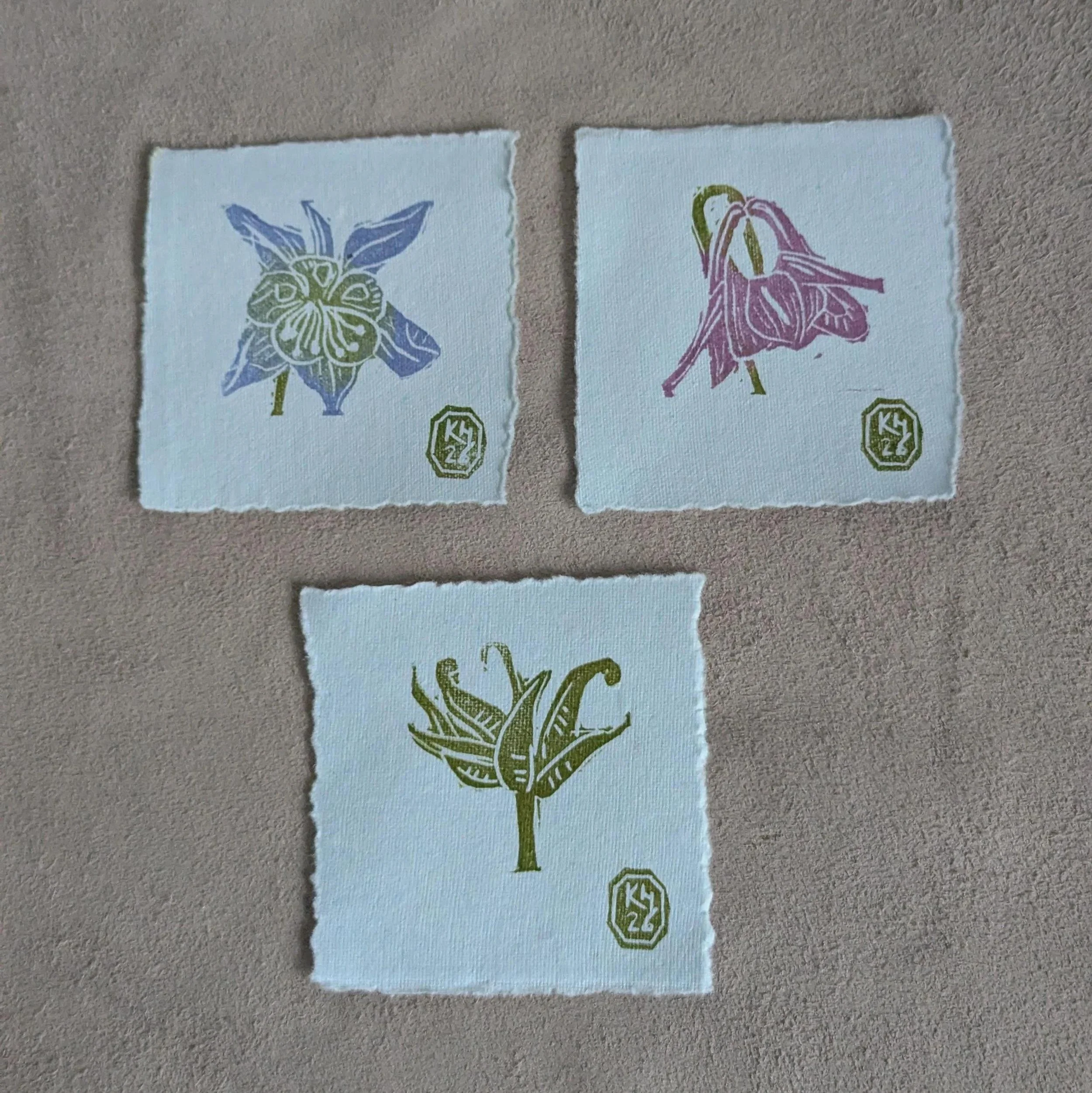Aquilegia - original monoprint lino print miniprint
