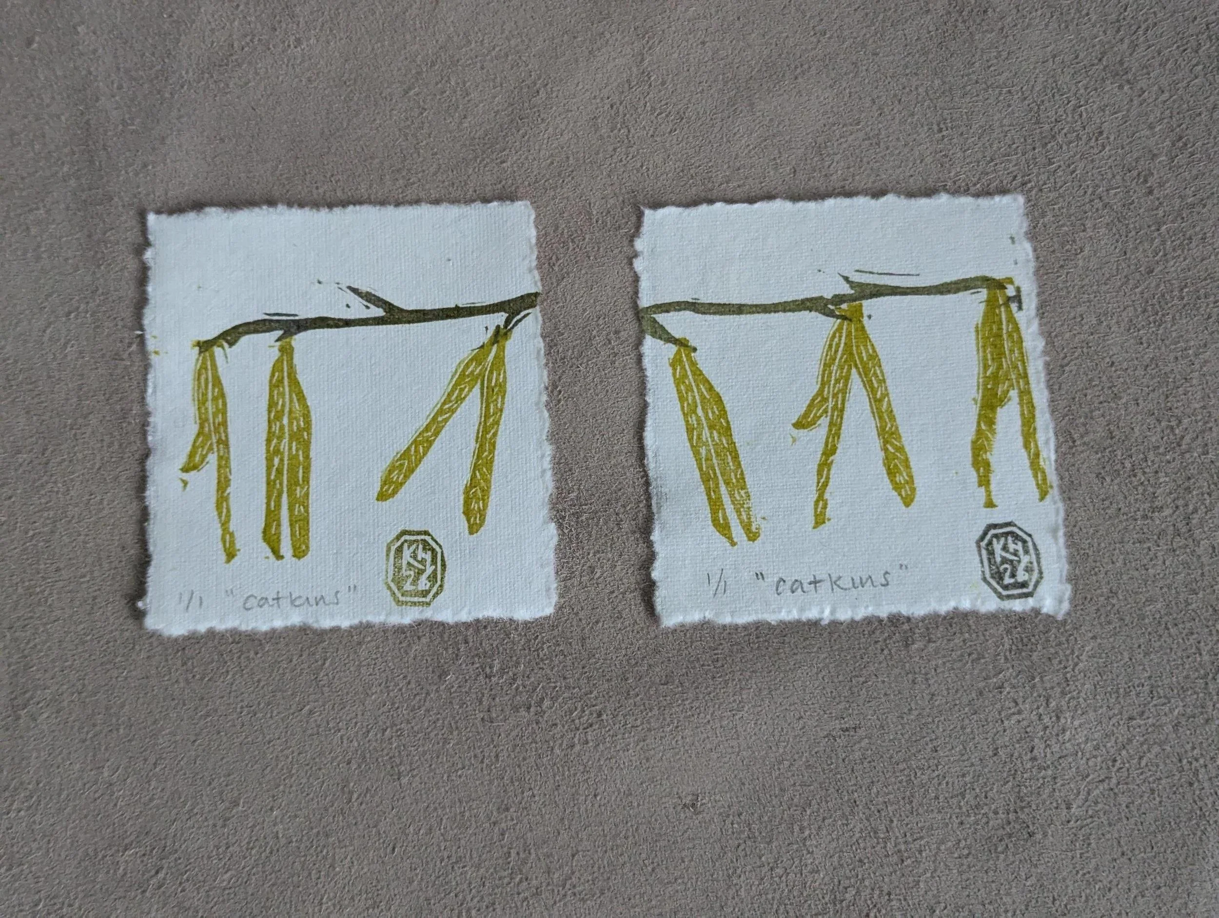 Catkins - original monoprint lino print miniprint