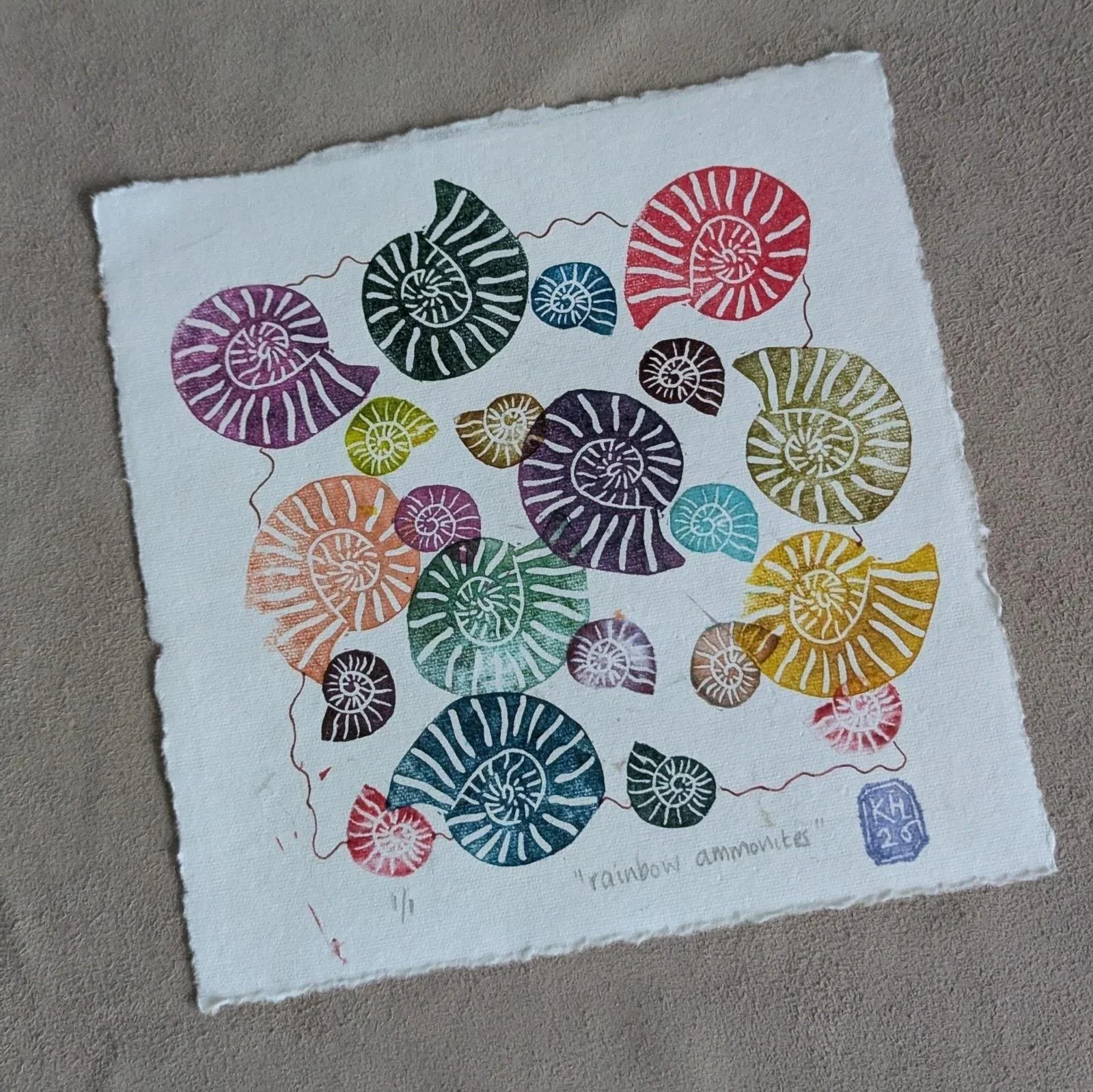 Rainbow Ammonites - original lino print - multicolour monoprint