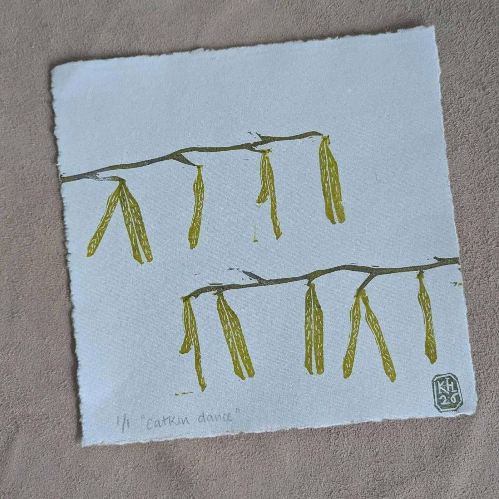 Catkin Dance - original lino print - multicolour monoprint | hazel springtime