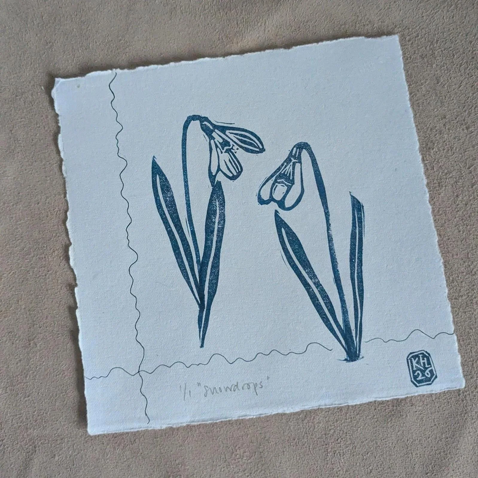 Snowdrops - original lino print -  monoprint | springtime