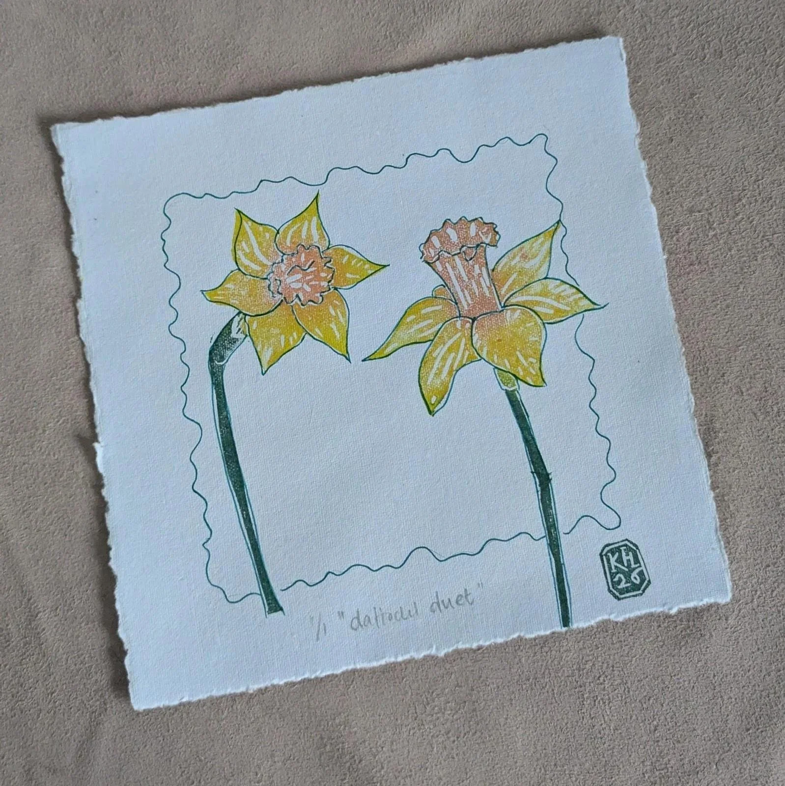 Daffodil Duet - original lino print -  monoprint | springtime