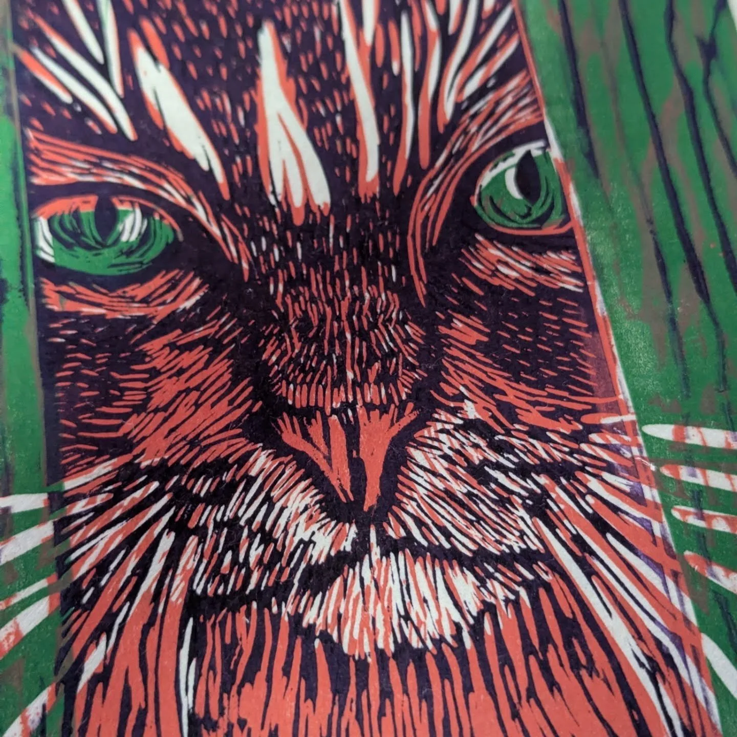 I finally got round to taking  photos of some of  my growing stack of lino prints today. Here's a little flavour of some of the details. 

Apparently I default to kitties! The black cat is our own Kiki who likes to inspect works in progress to make s