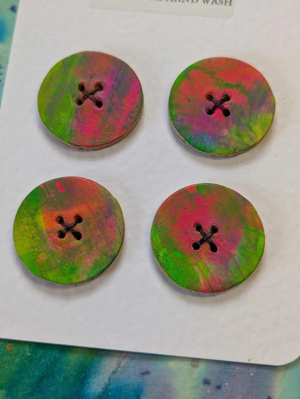 4 Pack Hand Painted Handmade Veg Tan Leather Buttons 35mm Neon Textured